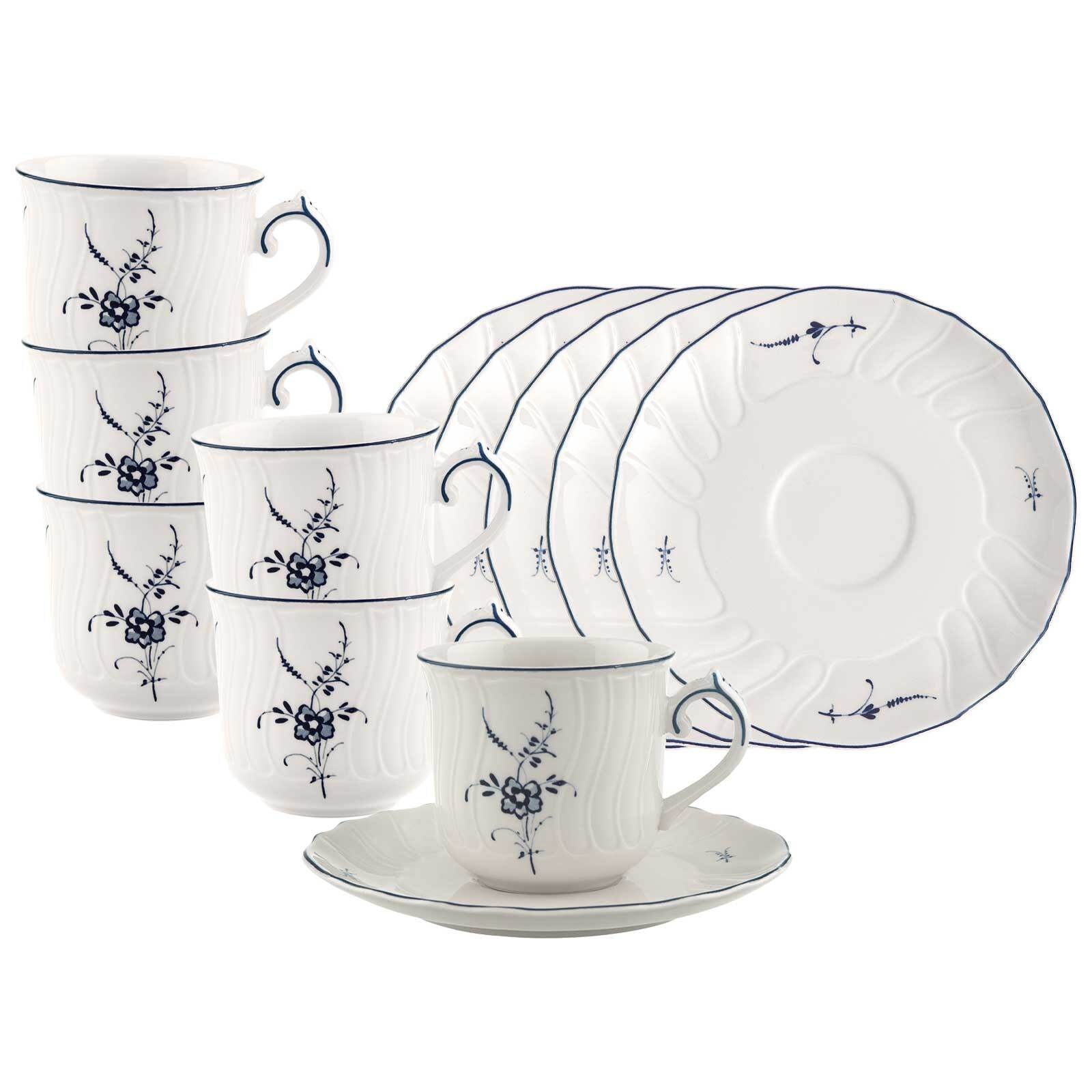 Tasse VILLEROY & BOCH "Kaffeetassen mit Untertassen Vieux Luxembourg 120 ml 6er Set weiß-blau", bunt (weiß, blau), B:14,3cm H:8,6cm Ø:14,3cm, Porzellan, Trinkgefäße, Tasse, Spülmaschinengeeignet, Mikrowellengeeignet