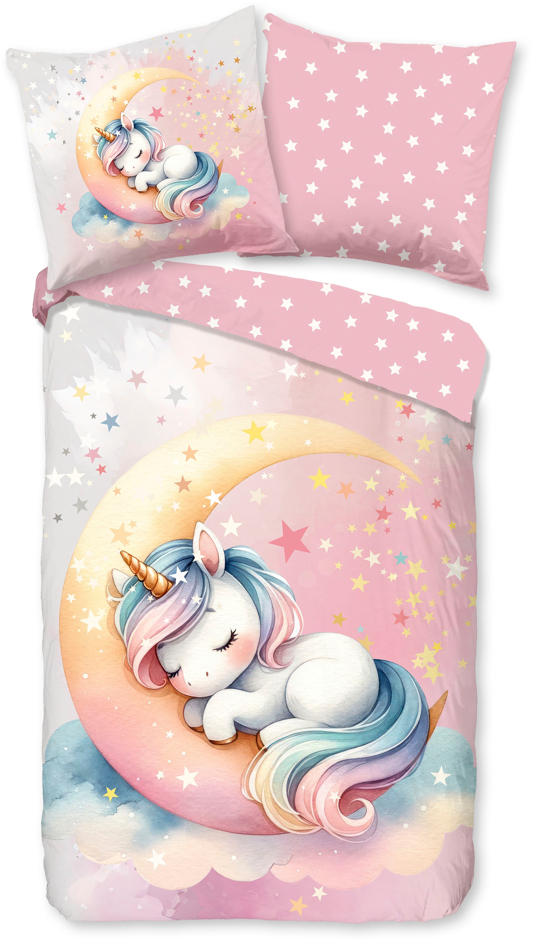 good morning Kinderbettwäsche "Molly" 2 Stk. Baumwolle, Renforcé, Wendeoptik, Kind, Mädchen, Mond, Einhorn