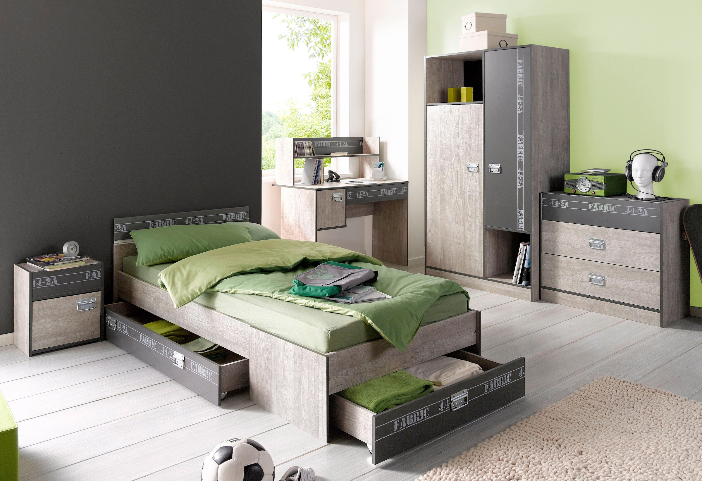 Parisot Jugendzimmer-Set »Fabric«, (Set, 4 tlg., Bett, Bettschubkasten, Kleiderschrank, Nachttisch), wahlweise mit Aufbauservice