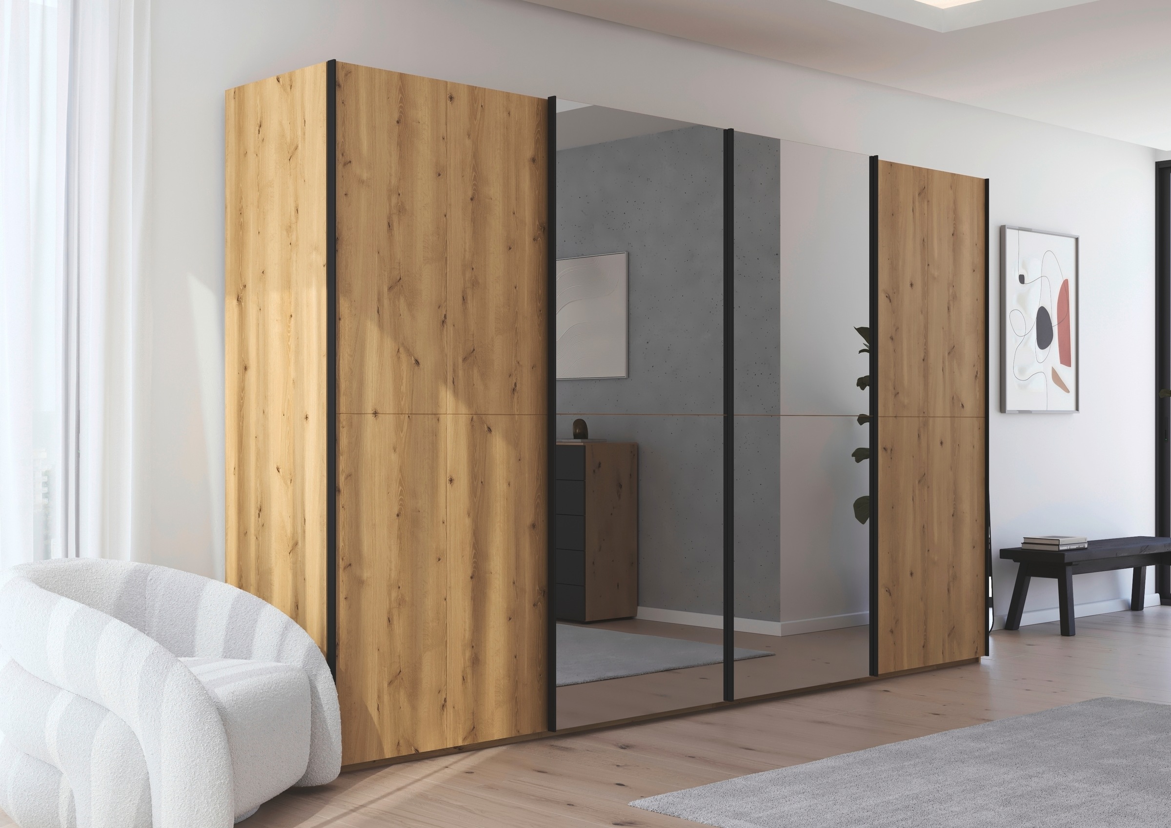 rauch Schwebetürenschrank »Kleiderschrank Schrank Garderobe Schlafzimmerschrank SCALE-WOOD«, edle geteilte Front in massiver Asteiche mit Spiegel MADE IN GERMANY