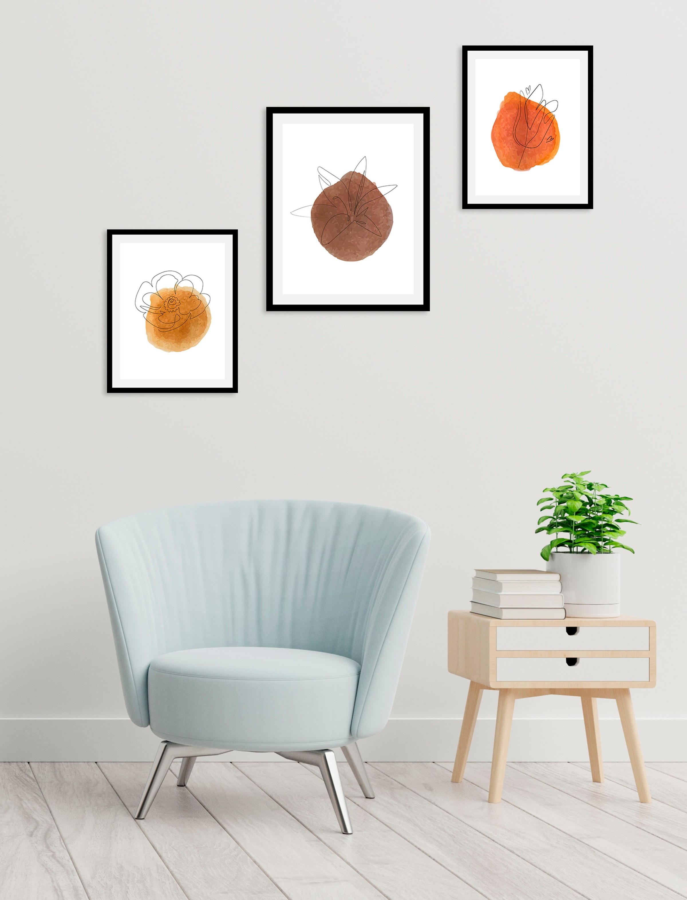 queence Bild »Aquarell Zeichnungen Blüten«, (1 St.), HD Premium Poster-Druck inkl. Holzrahmen - 3er Set
