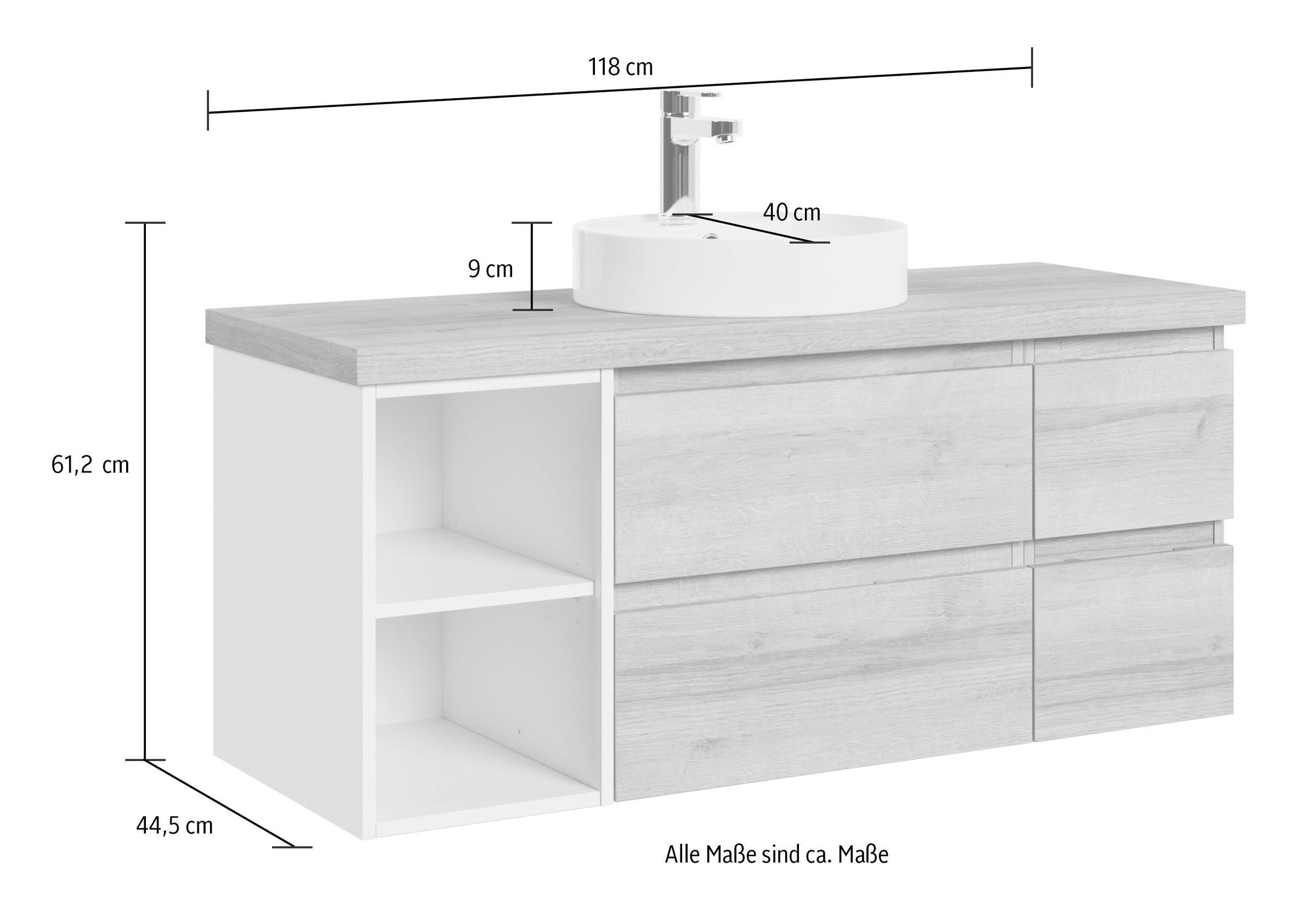 Saphir Waschtisch »Serie 4035 Keramik-Aufsatzbecken mit Unterschrank, 118 cm breit«, Waschplatz, 4 Schubladen, inkl. Schubladendämpfer, mit Griffuge