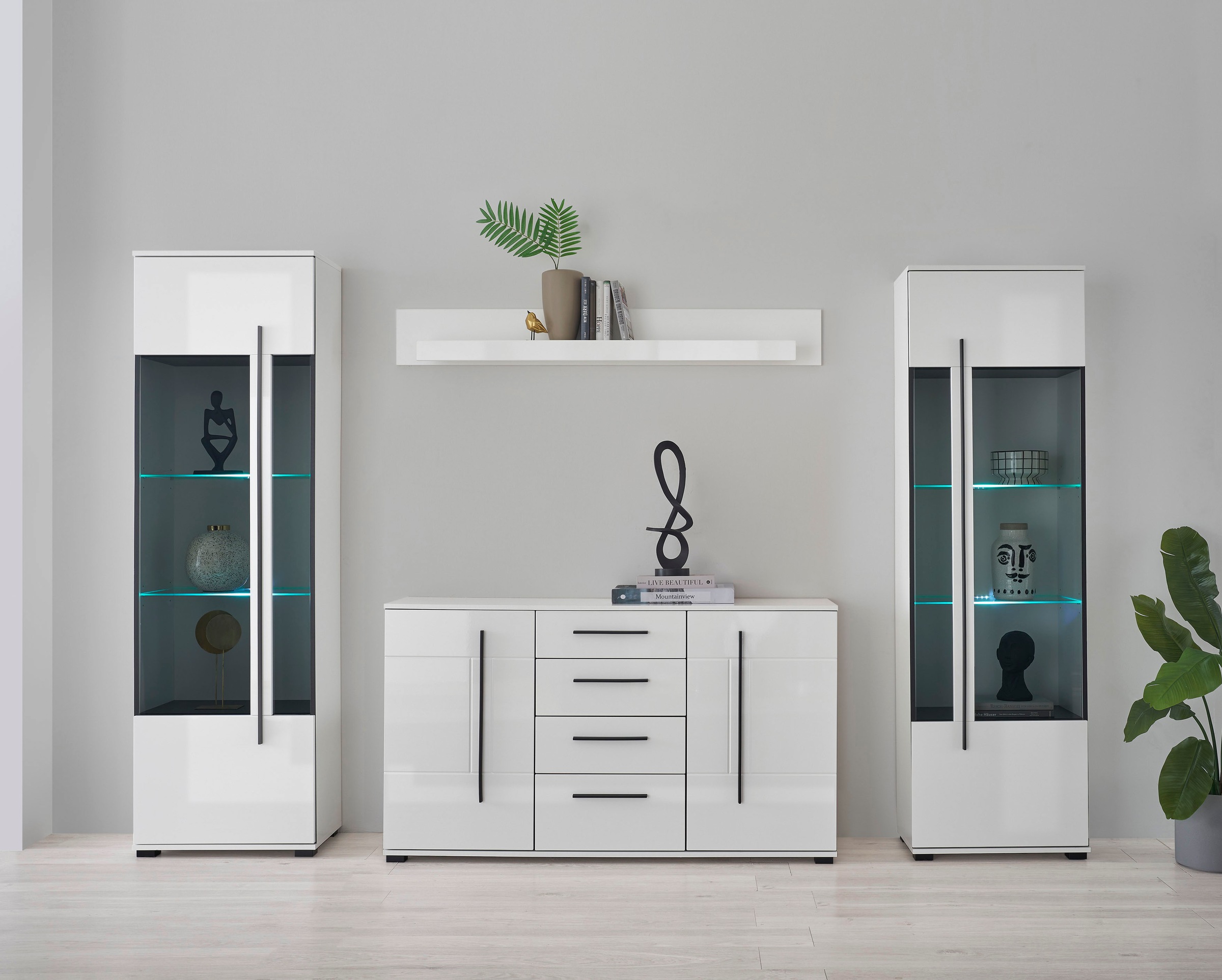 INOSIGN Wohnwand »Cantara, moderne Anbauwand, Wohnzimmer-Set, in Eiche Evoke oder Weiß«, (Set), enthält zwei Vitrinen, ein Sideboard und ein Wandboard