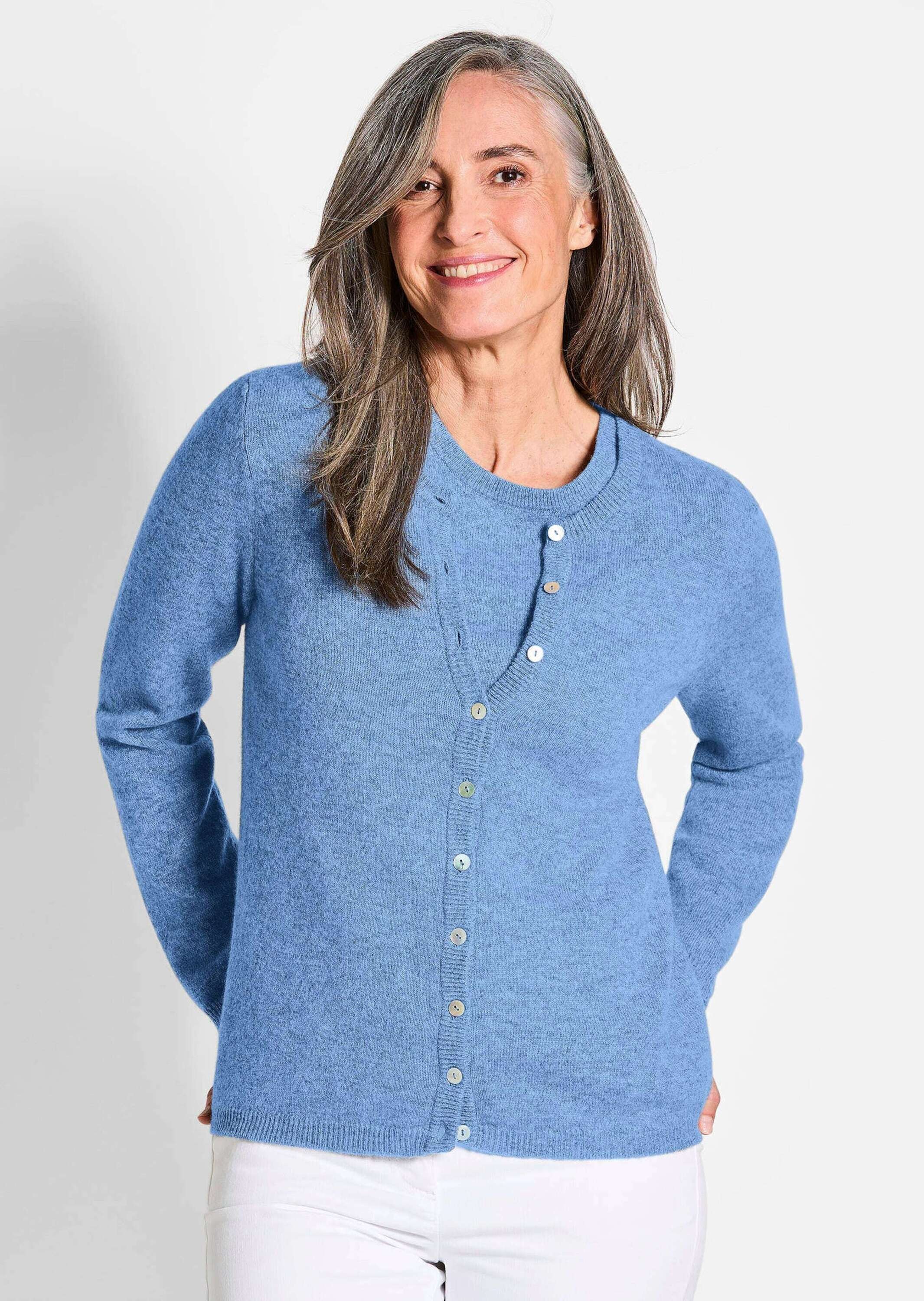 Strickjacke GOLDNER "Kaschmirstrickjacke mit Rundhalsausschnitt", Damen, Gr. 46, blau (himmelblau), Obermaterial: 100% Kaschmir WS., normales Bündchen, Strickjacken Strickjacke, Ohne 3