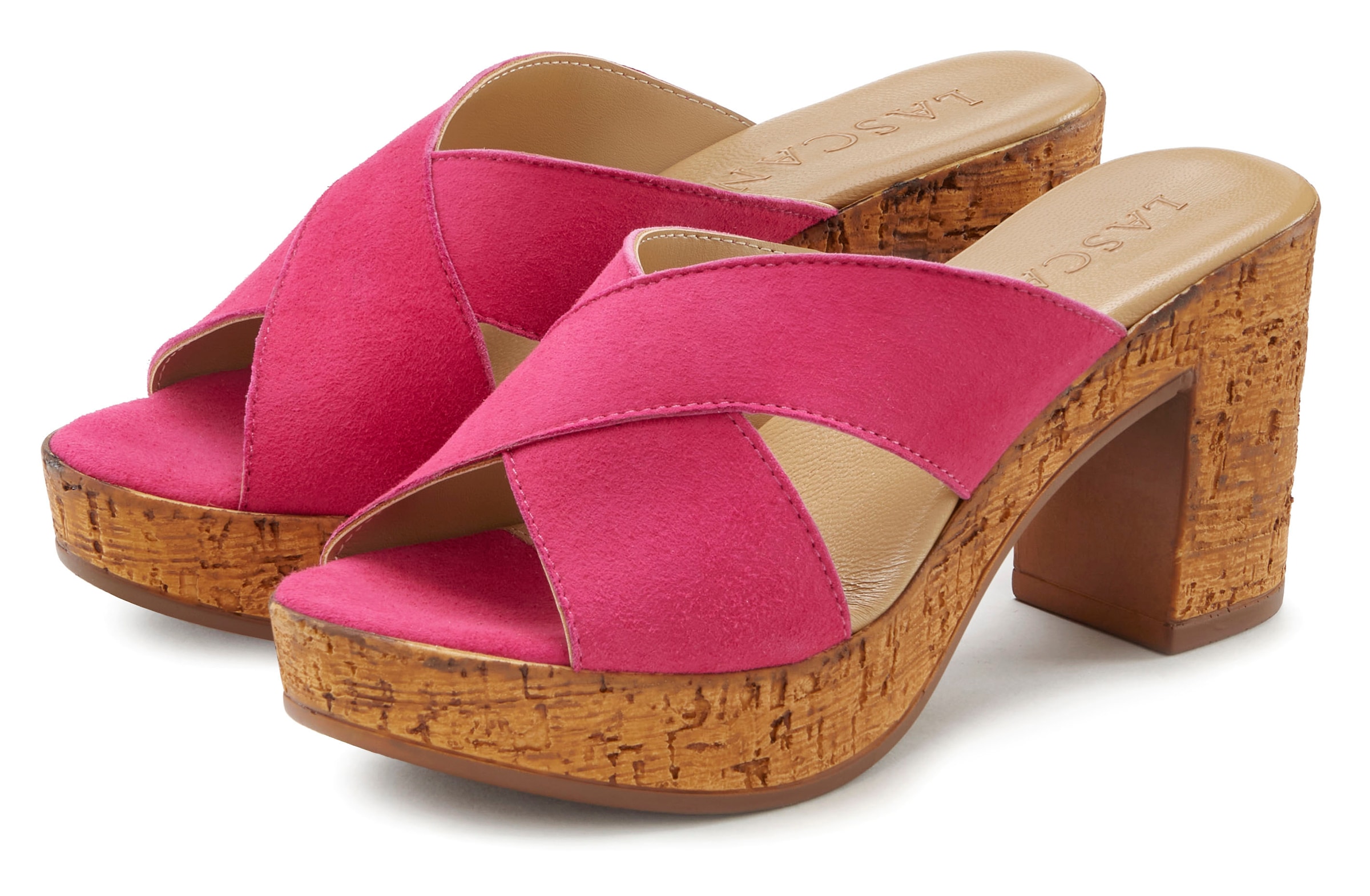 LASCANA Pantolette "Sommerschuh, offener Schuh, Sandalette, Mule," aus Leder mit Blockabsatz in Kork-Optik