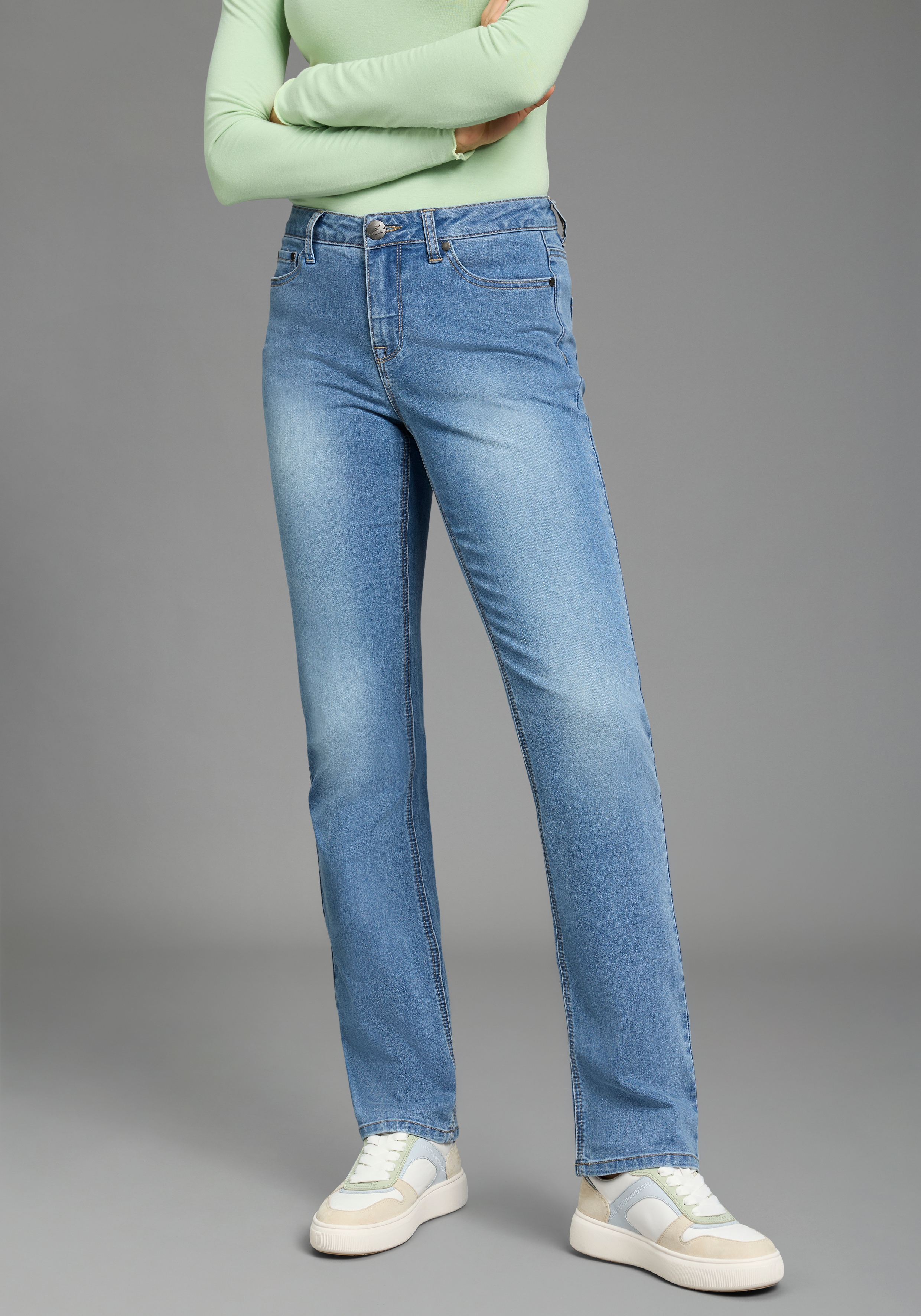 Gerade Jeans ARIZONA, Damen, Gr. 42, N-Gr, blau used, Denim/Jeans, Obermaterial: 79% Baumwolle, 19% Polyester, 2% Elasthan, unifarben, normal, Jeans, gerade geschnitten, normale Passform, hohe Leibhöhe