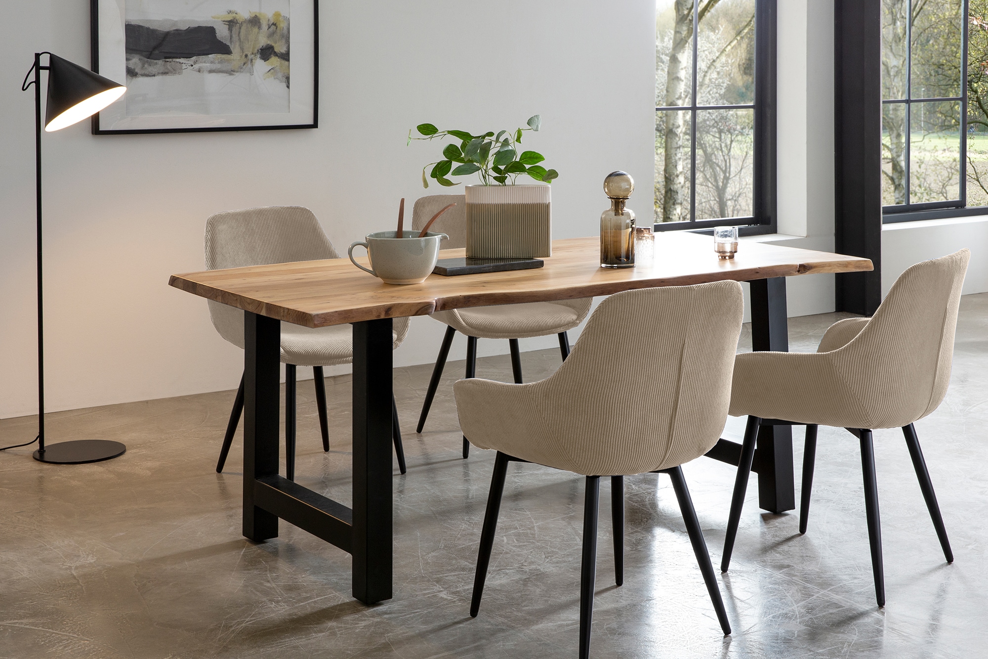 Essgruppe SALESFEVER, beige, Massivholz, Metall, Polyester, Sitzmöbel-Sets, "Elegante Essgruppe für stilvolles Speisen", Massivholz geölt und