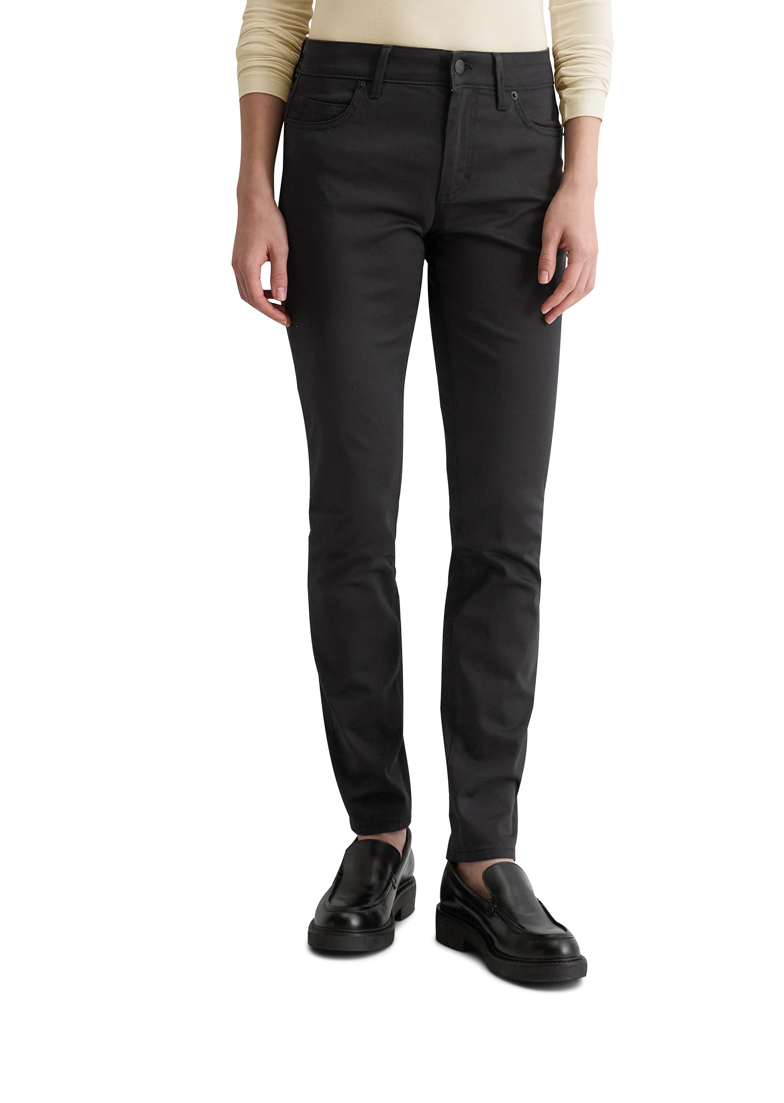 5-Pocket-Hose MARC O'POLO "aus Smooth Sateen Stretch", Damen, Gr. 30, Länge 32, schwarz, Obermaterial: 74% Baumwolle, 23% Viskose, 3% Elasthan, unifarben, slim fit normal, Hosen 5-Pocket-Hose