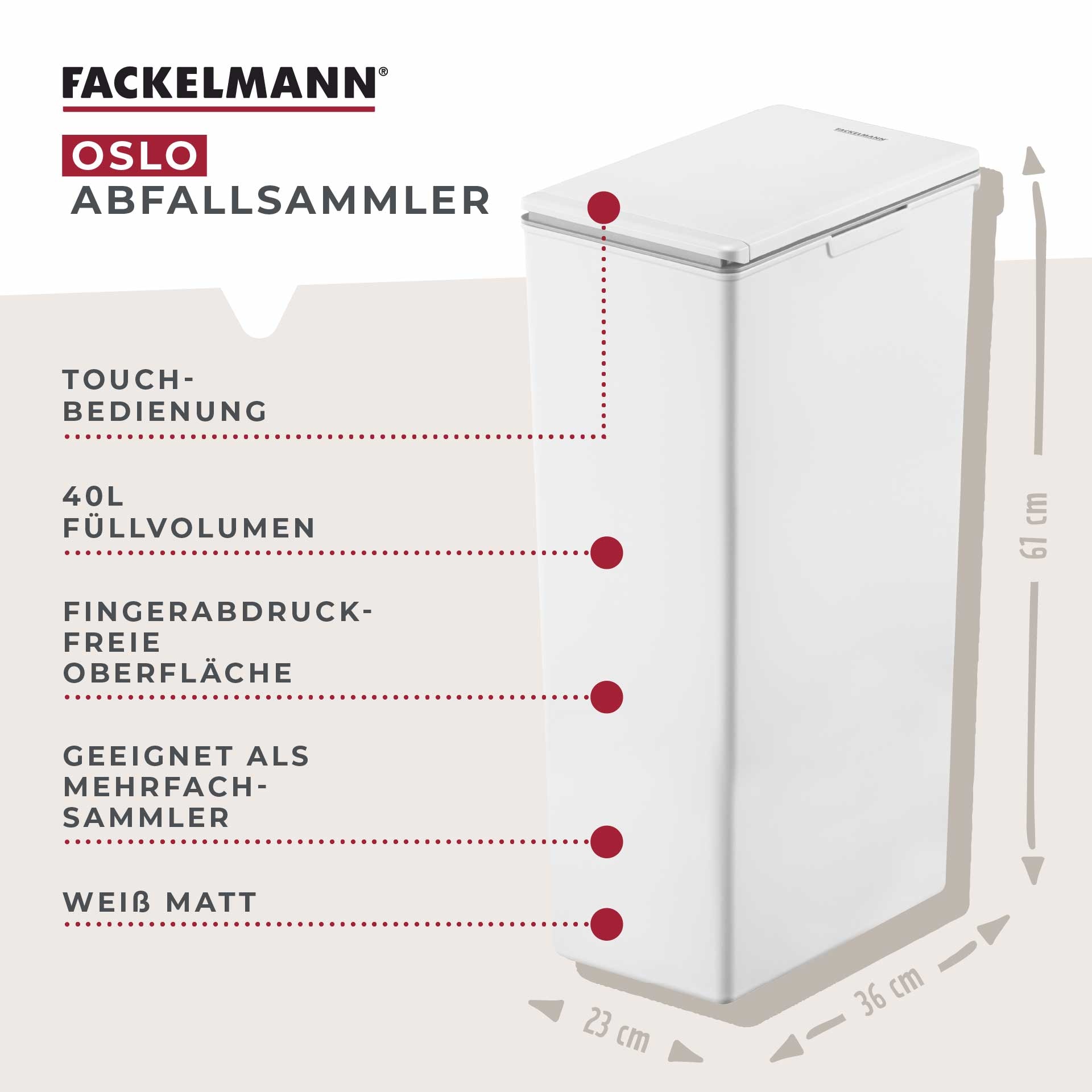 FACKELMANN Mülleimer »OSLO, Touch Abfalleimer« 1 Behälter ideal als Mehrfachsammler, leicht & robust mit sanfter Touch-Öffnung