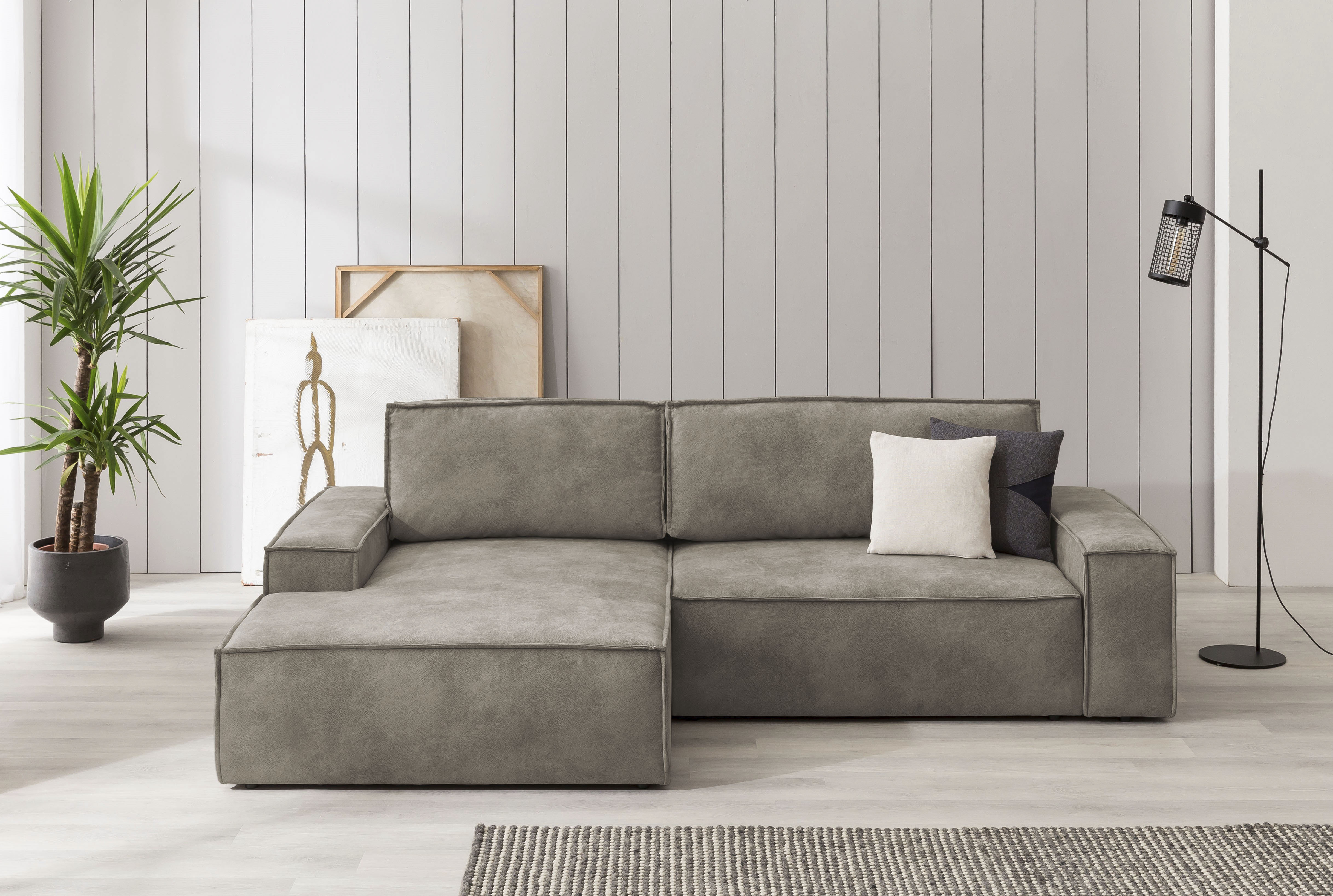 OTTO home Ecksofa "SHERWOOD Vintage Lederoptik L-Form, 267 cm" Schlaffunktion mit Bettkasten (210x136 cm), Cord, Vintage, Samtvelours