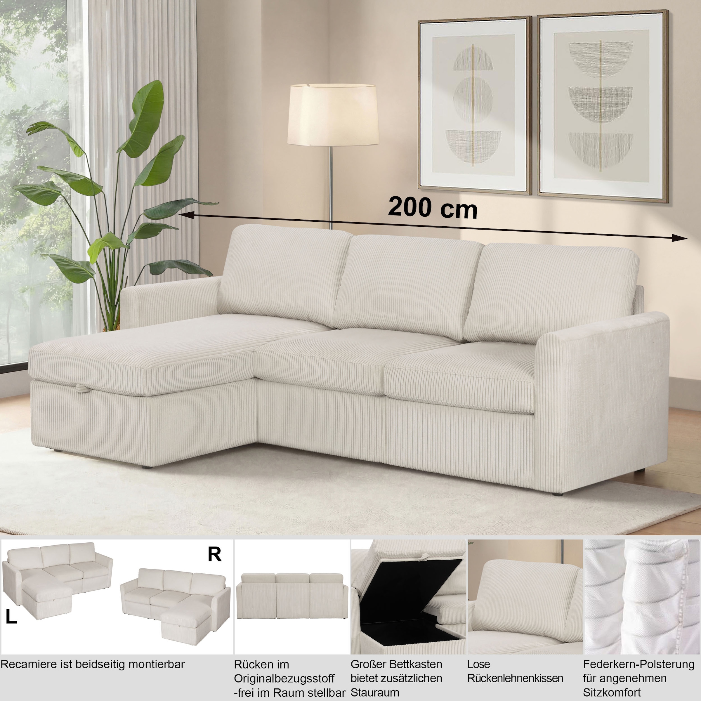 Dorel Home Ecksofa »NORDHUS, L-Form, 200 cm, Recamiere rechts/links montierbar« Recamiere, Stauraum, Cord und feiner Webstoff-Bezug