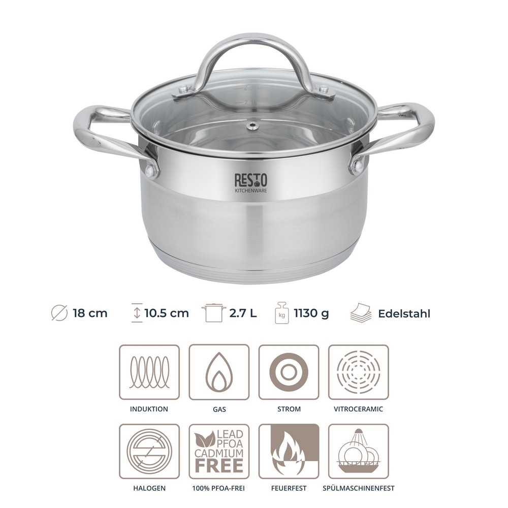 RESTO Kitchenware Kochtopf »Rigel, Topf energiesparend und spülmaschinenfest«, Edelstahl 18/10, (2 tlg.), mit hitzebeständigem Glasdeckel, im Geschenkkarton