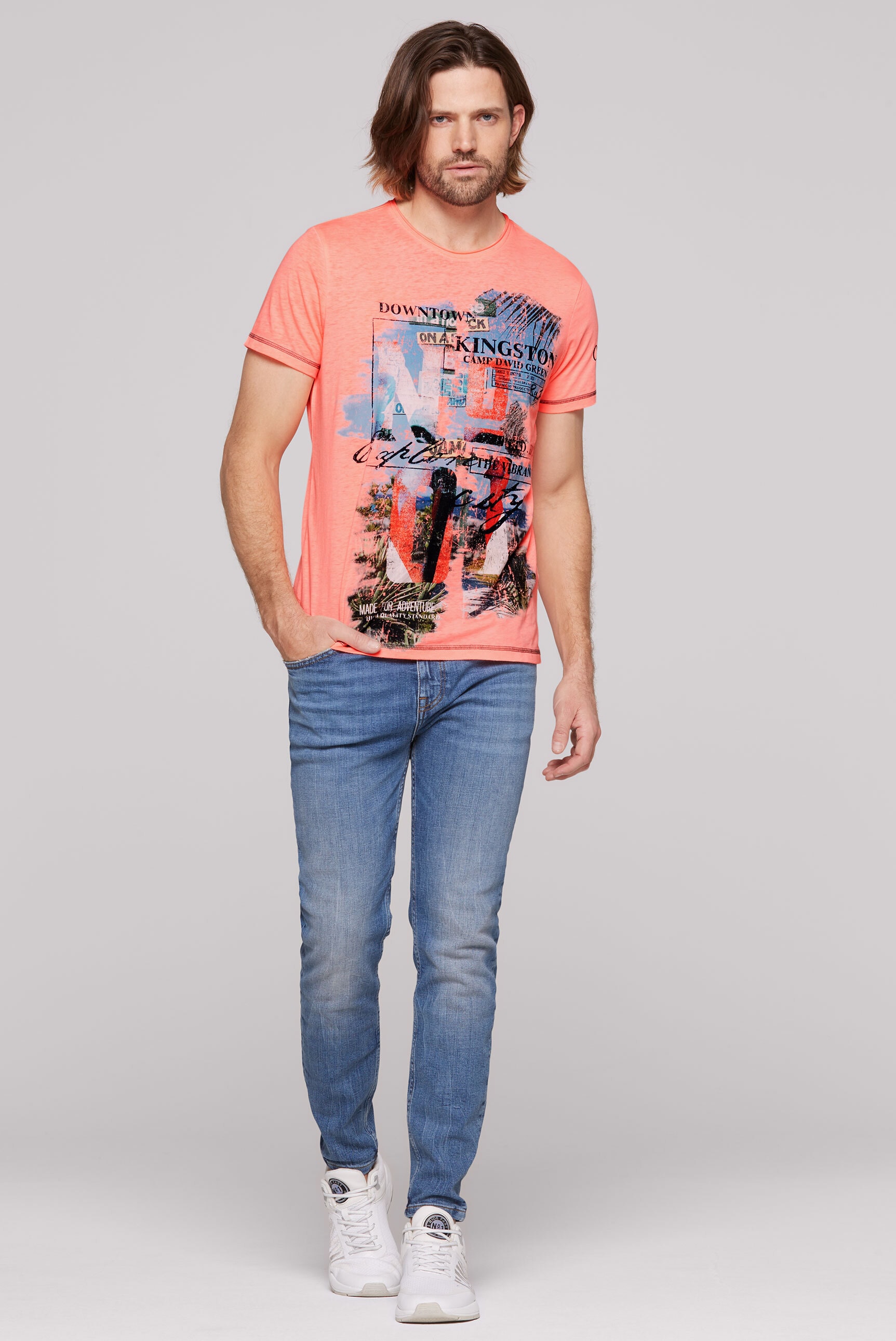 CAMP DAVID Rundhalsshirt, mit offener Kante am Ausschnitt