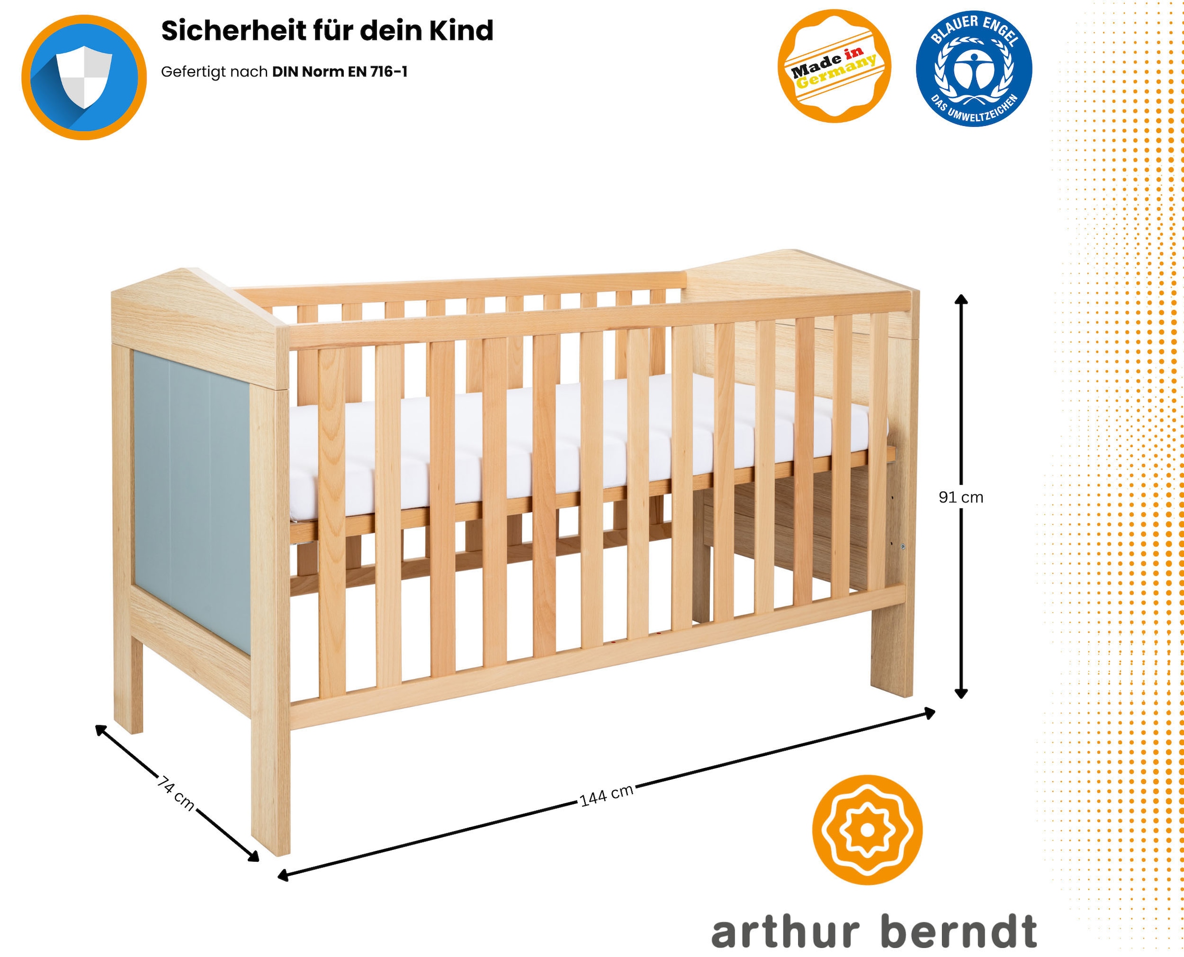 arthur berndt Babyzimmer-Komplettset »Babyzimmer-Set »Roofy« 3-teilig mit 1-türigem Kleiderschrank«, (Set, 3 tlg., Babymöbel-Set »Roofy« Kleiderschrank,Kinderbett+Wickelkommode)