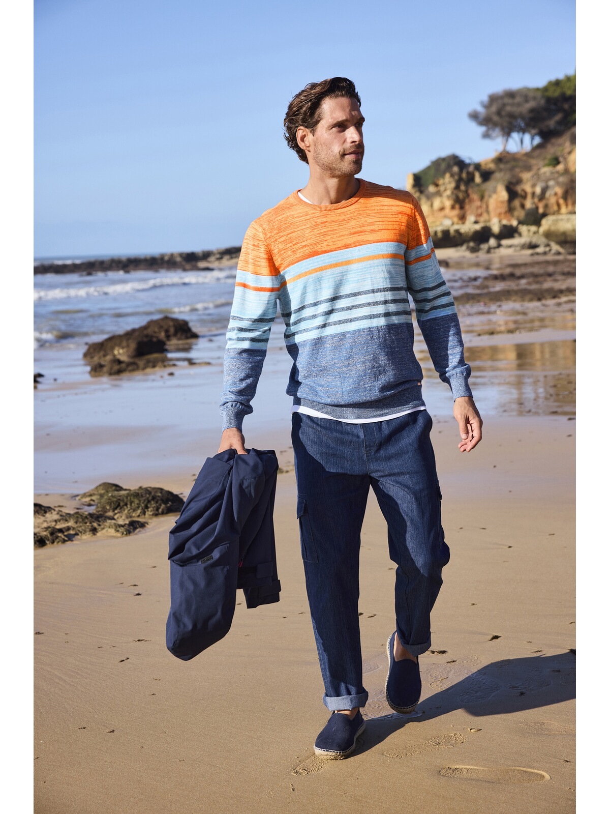 BABISTA WALNOR Men's Crew Neck Sweater Blue/Orange Striped M 3