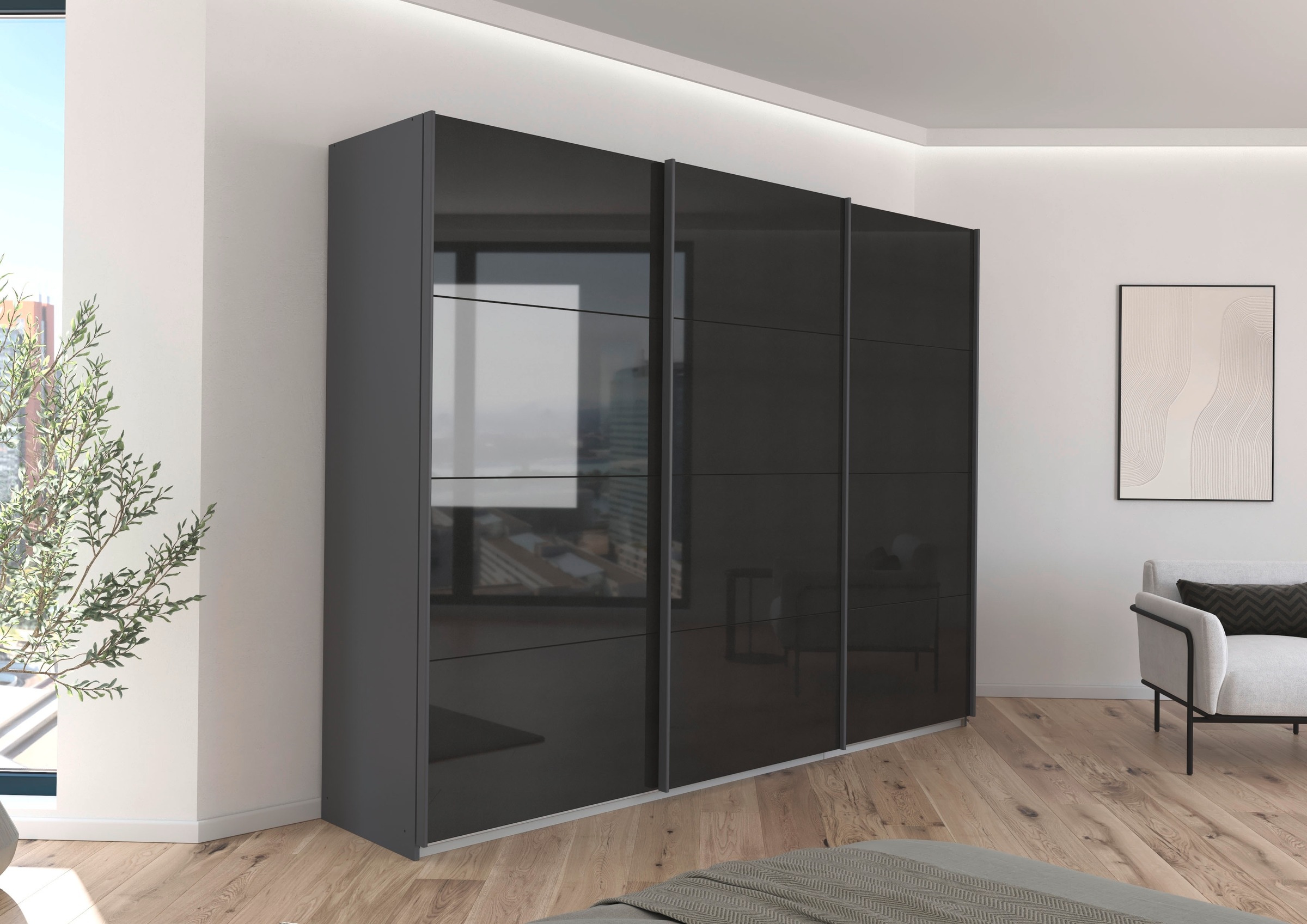 rauch Schwebetürenschrank »Kleiderschrank Schrank Garderobe AGORDO mit Dekor- oder Hochglanzfront«, (in zwei Griff-Farben), durchdachte Innenausstattung, in 4 Breiten und 2 Höhen MADE IN GERMANY