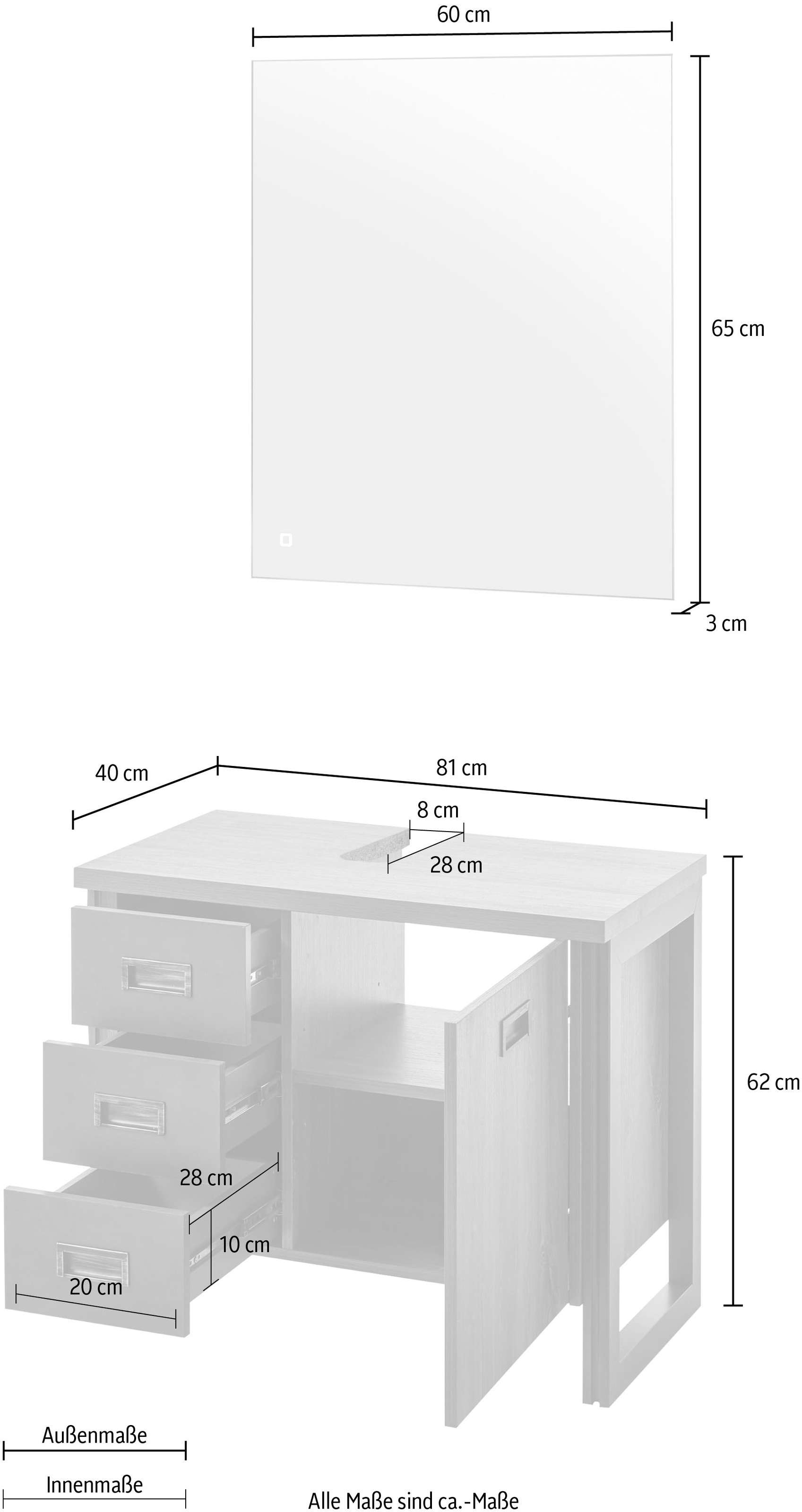 Home affaire Badmöbel-Set »Detroit, Bad im Industrialdesign, inkl. LED, 2-teiliges Badezimmer«, (2 St.), Waschbeckenunterschrank und Spiegel, holzfarben, mit Stauraum