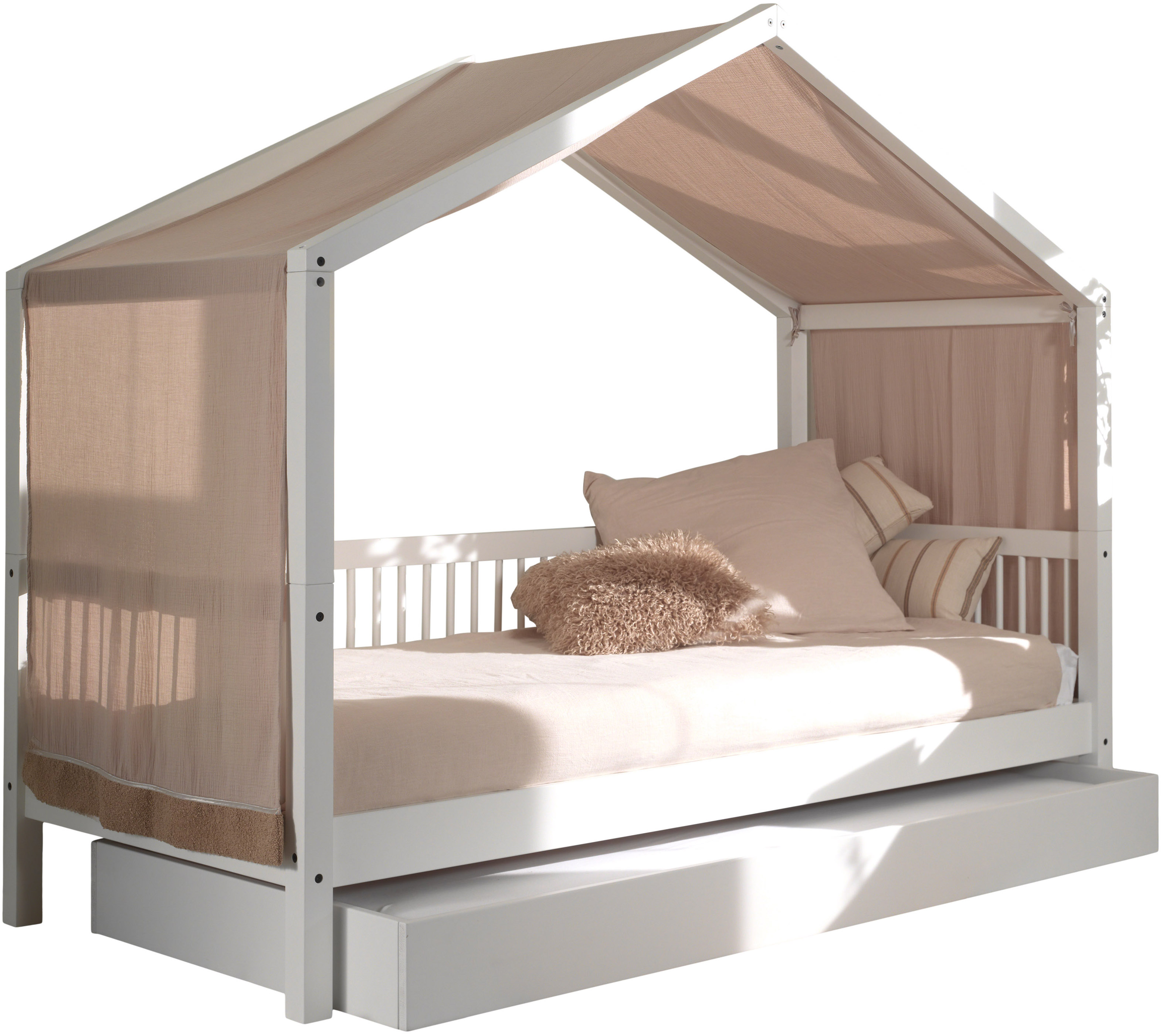 Vipack Hausbett "Forrest mit Dachaufbau, Textilhimmel, später umbaubar zum Einzelbett" mit Textilhimmel, Höhe mt Dachaufbau ca. 170cm, 90/200 Buche massiv weiß lackiert, wahlweise mit o. ohne Bettschublade