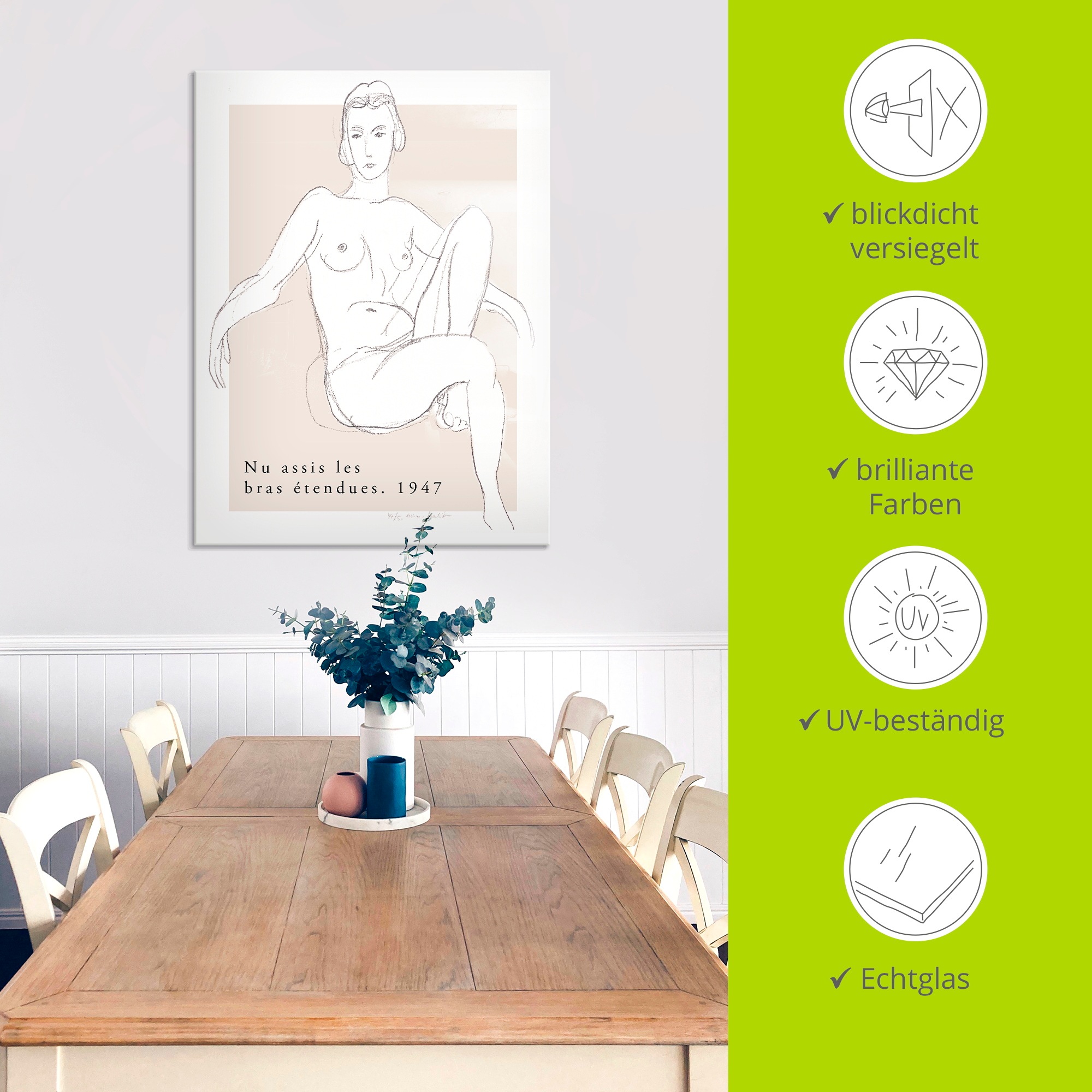 Artland Glasbild »Nu assis les bras étendues 1947« Bilder von Frauen 1 Stk. tlg. in verschiedenen Größen