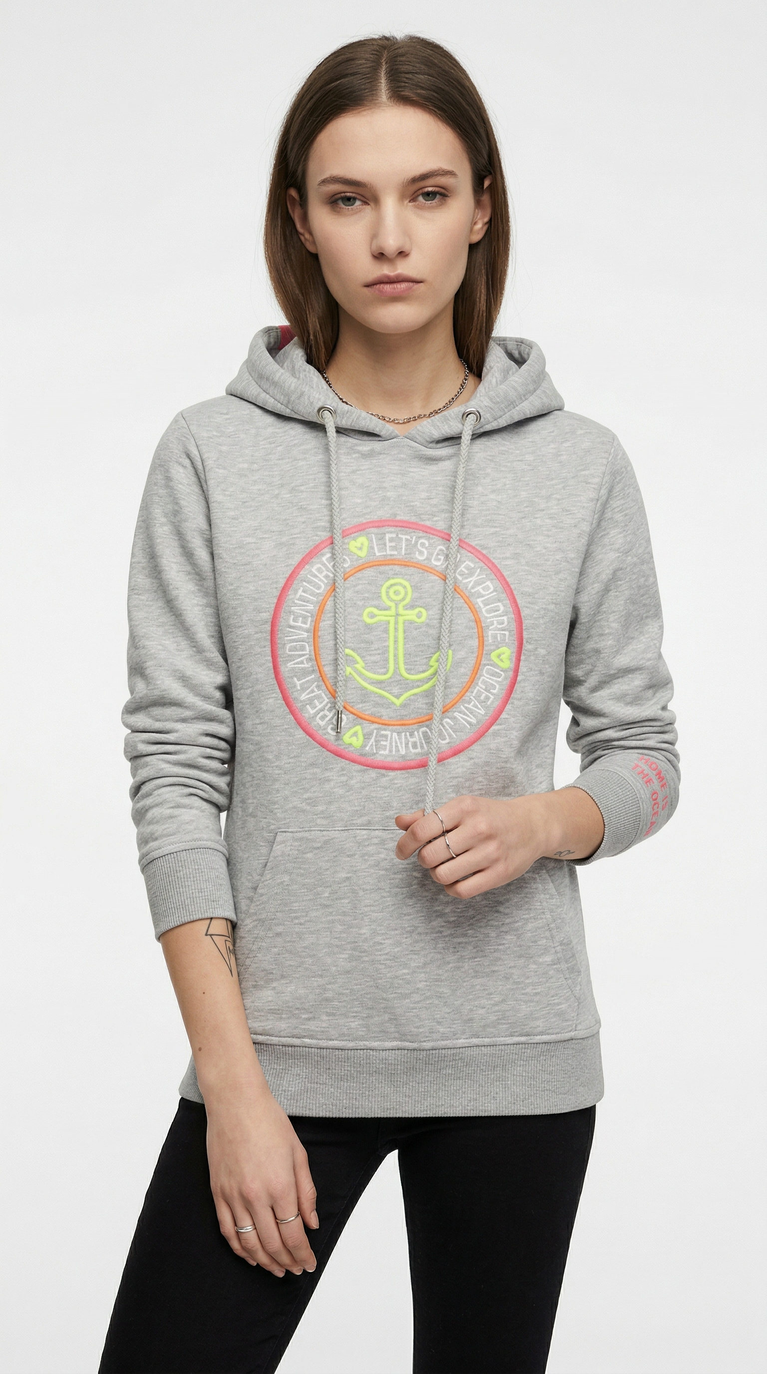 Zwillingsherz Kapuzensweatshirt , mit Ankeraufstick und neonfarbenen Details
