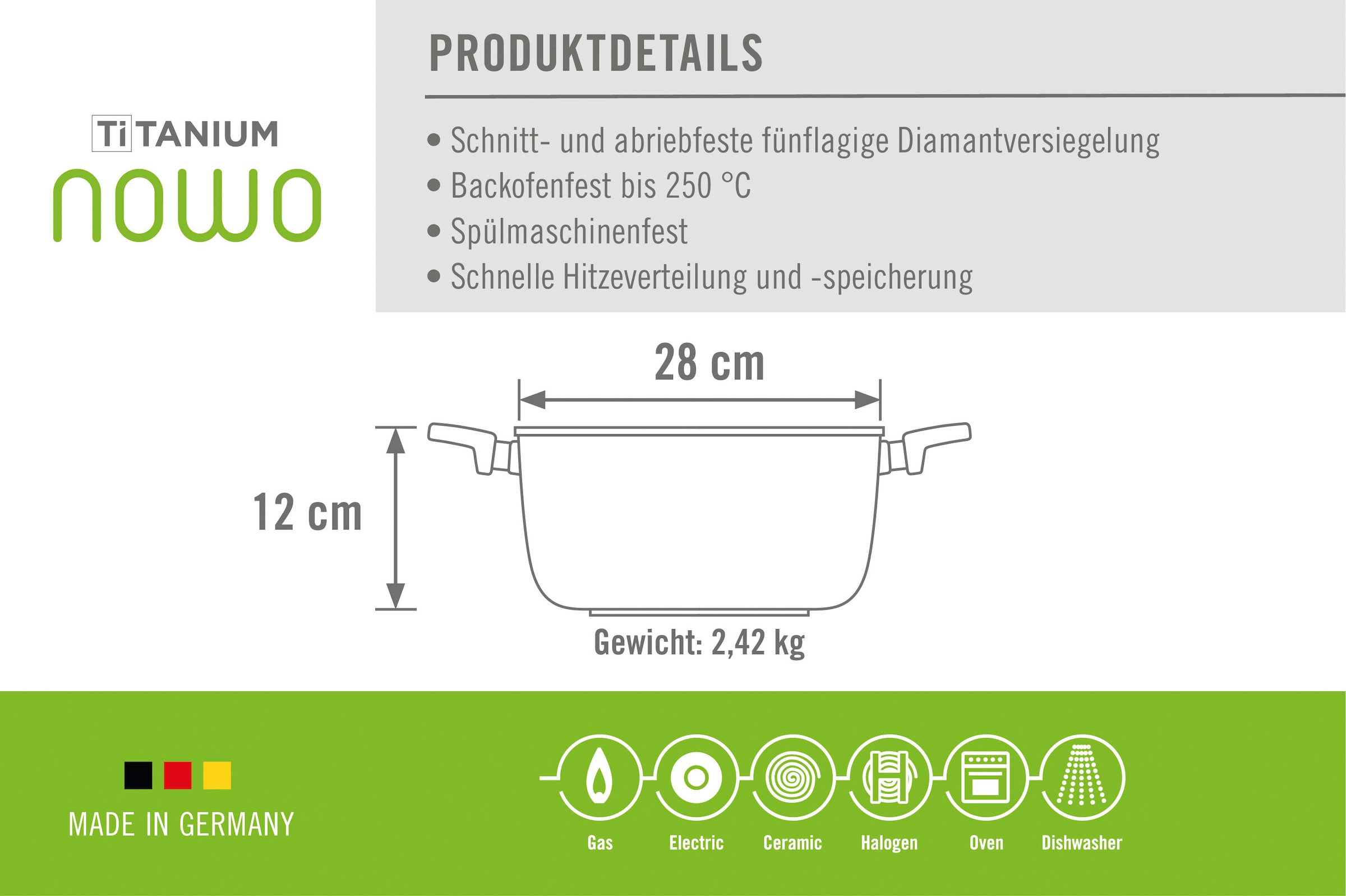 WOLL MADE IN GERMANY Topf-Set »Nowo Titanium«, Aluminiumguss, (Set, 8 tlg., je 1 Kochtopf 20/24/28 cm, 1 Stielkasserolle 18 cm), Made in Germany