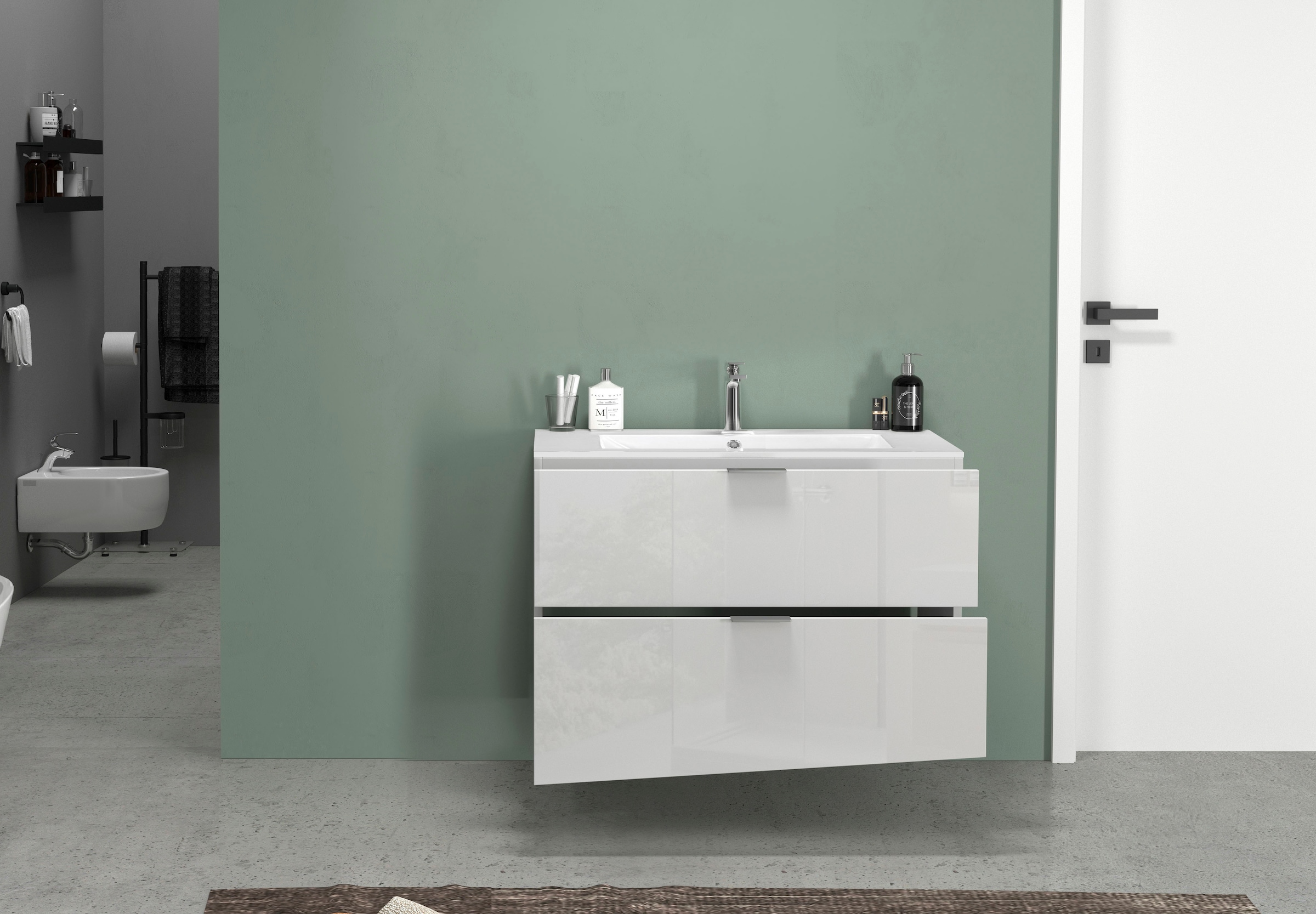welltime Waschtisch »VELA, 82,3 cm breit, Hochglanz-Schubladen, Made in Italy« 1 Stk. tlg. Waschtischunterschrank, inkl. Waschbecken, schräge Design-Schublade