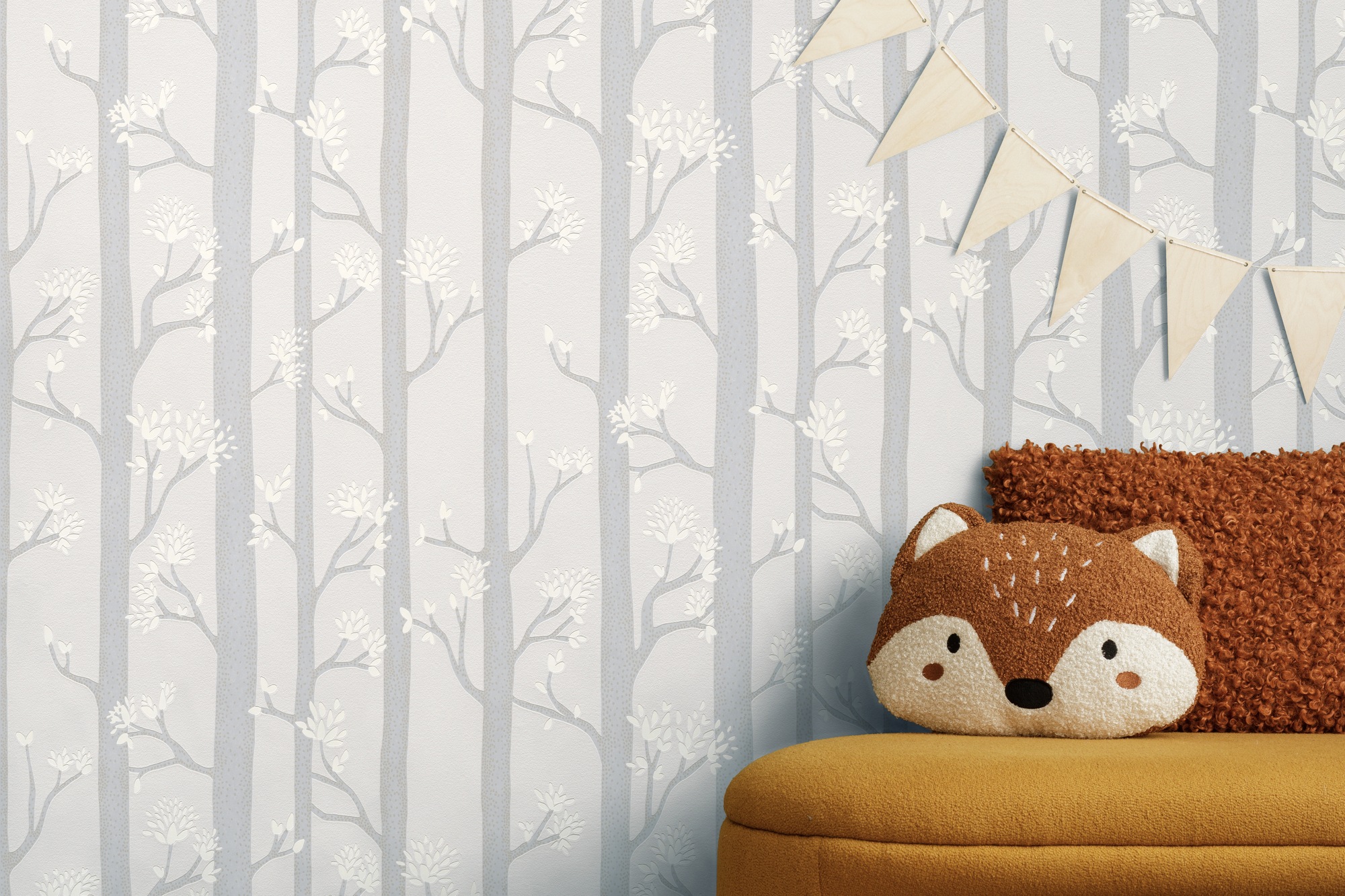 living walls 1100000002199 »Kids Studio Wald – Baum Vliestapete für Kinder« Wald | grafisch | leicht glänzend glatt Stilisiertes Waldmotiv mit Bäumen, Zweigen und feinen Blättern