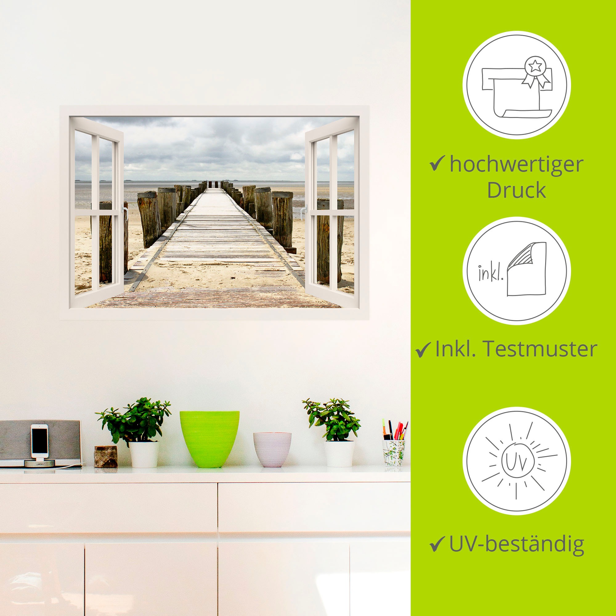 Artland Wandbild »Fensterblick - Steg ins Watt«, Fensterblick, (1 St.), als Leinwandbild, Wandaufkleber in verschied. Größen