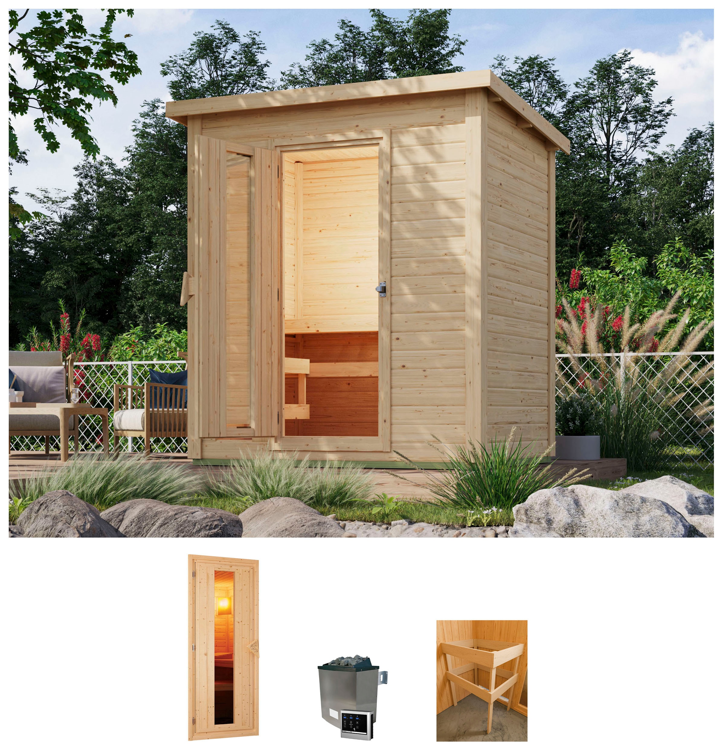 Karibu Saunahaus "Talo 1" Set, Ofen 9 KW externe Strg easy