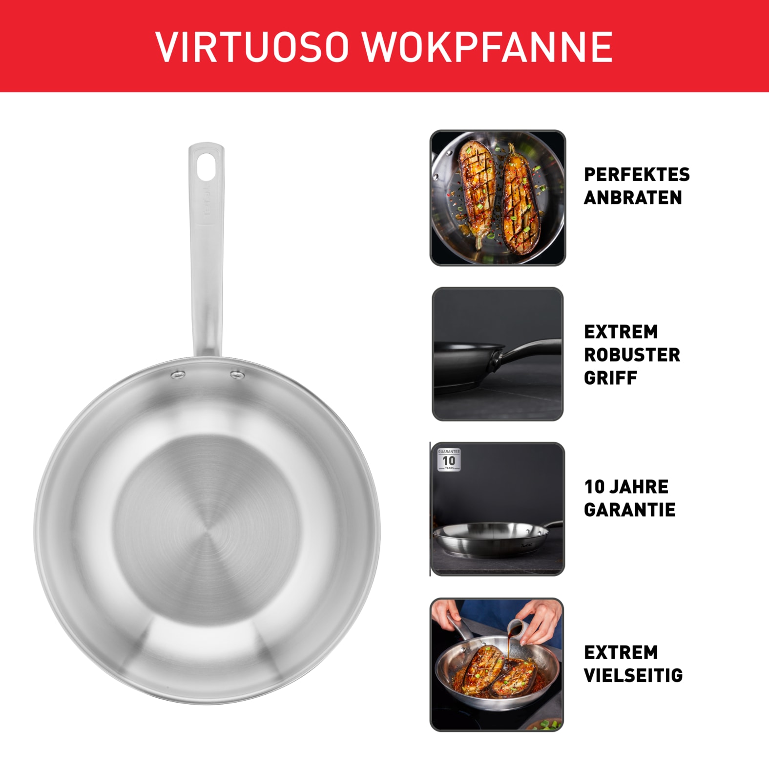 Tefal Wok »Wokpfanne Virtuoso Induktion 28 cm« Edelstahl 1 Stk. tlg. hochwertiger Premium-Edelstahl,  unversiegelt, für alle Herdarten