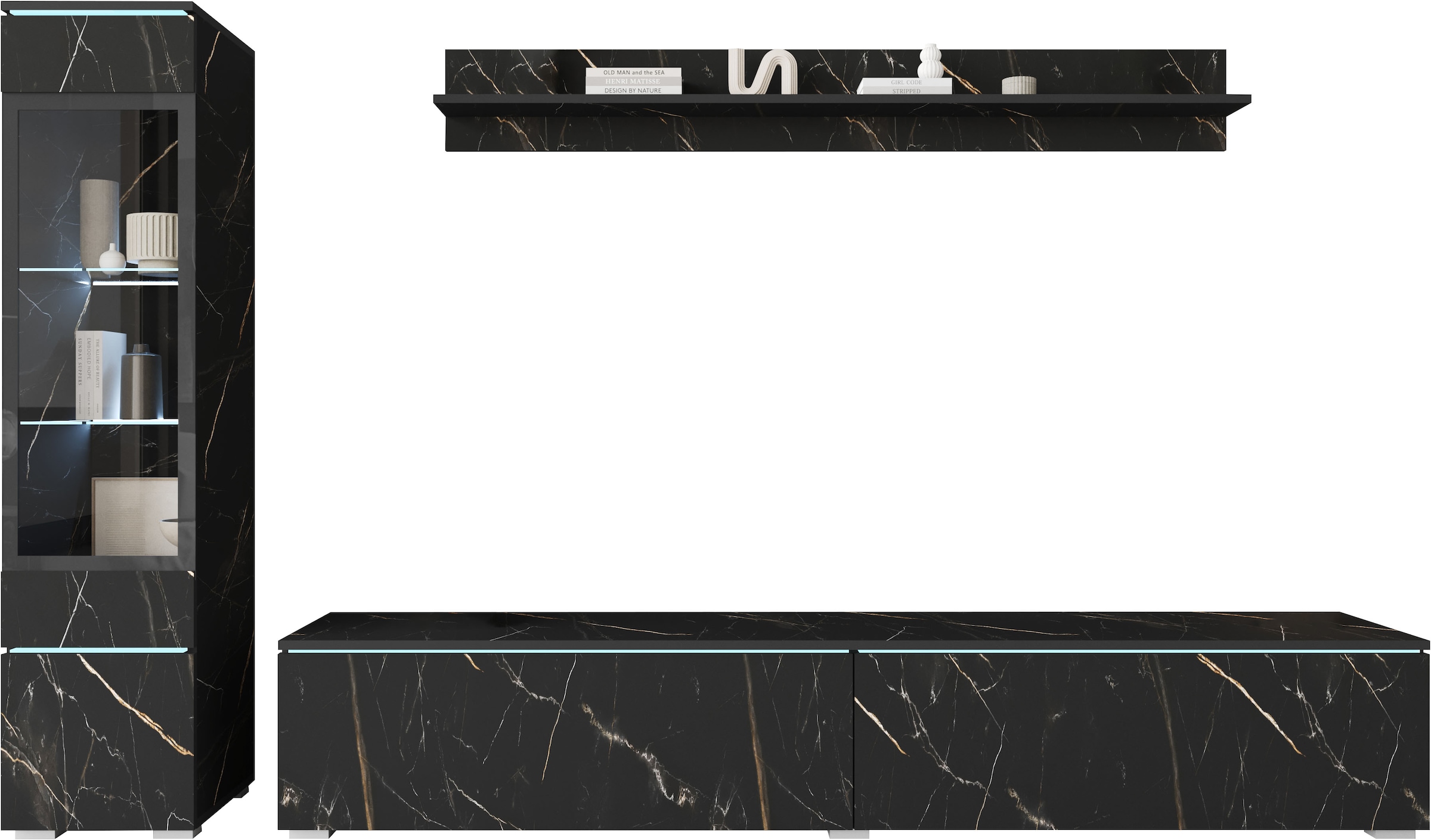 INOSIGN Wohnwand »VERA I, Vitrinen Türanschlag links/rechts wechselbar«, (Komplett-Set, 3 St.), Mediawand 230 cm, Vitrine mit Verglasung, stehend und hängend