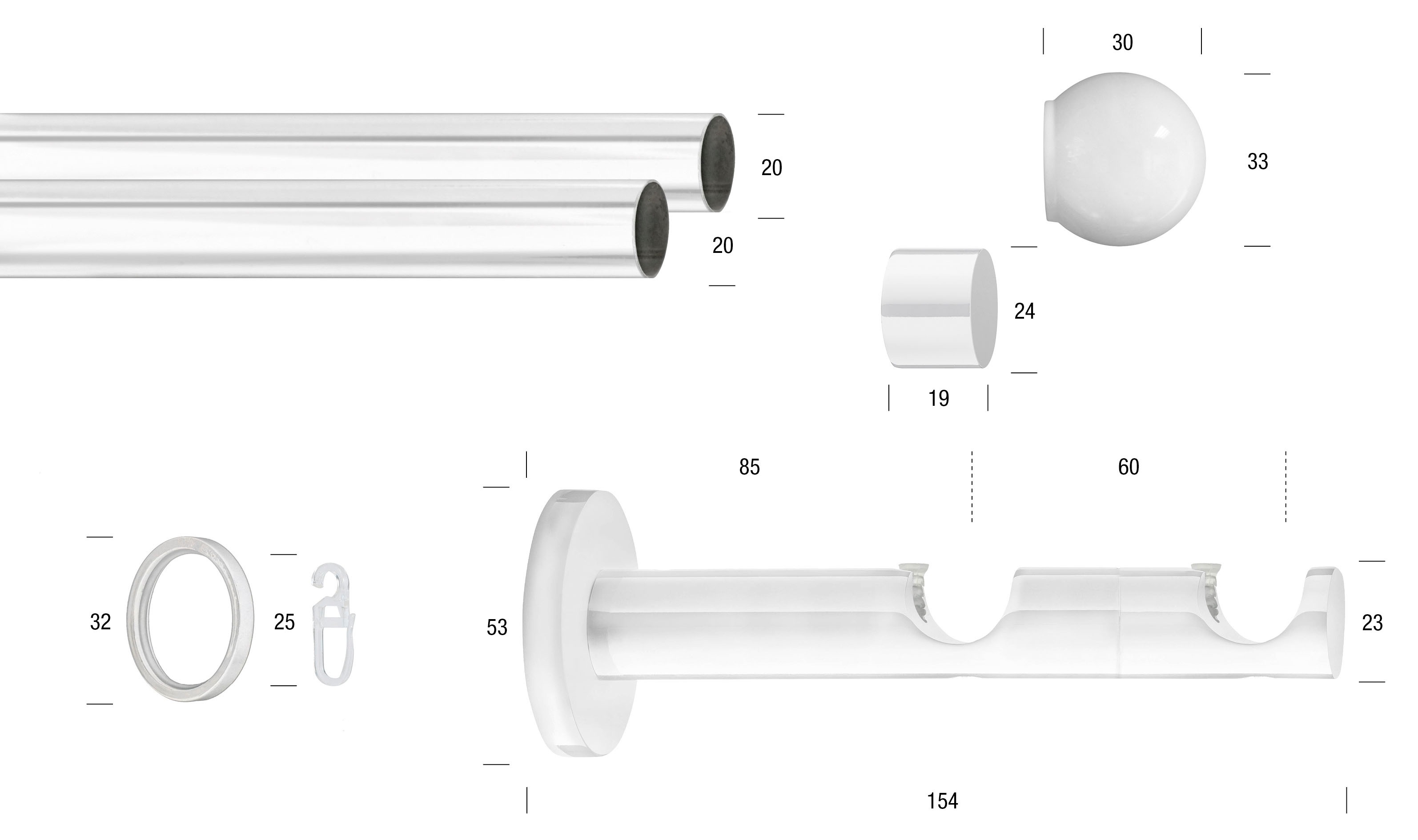 Thumbnail - GARESA Gardinenstange "WHITE" Ø 20 mm 2 läufig-läufig Wunschmaßlänge Vorhanggarnitur, verlängerbar, Wandmontage, Endknop...