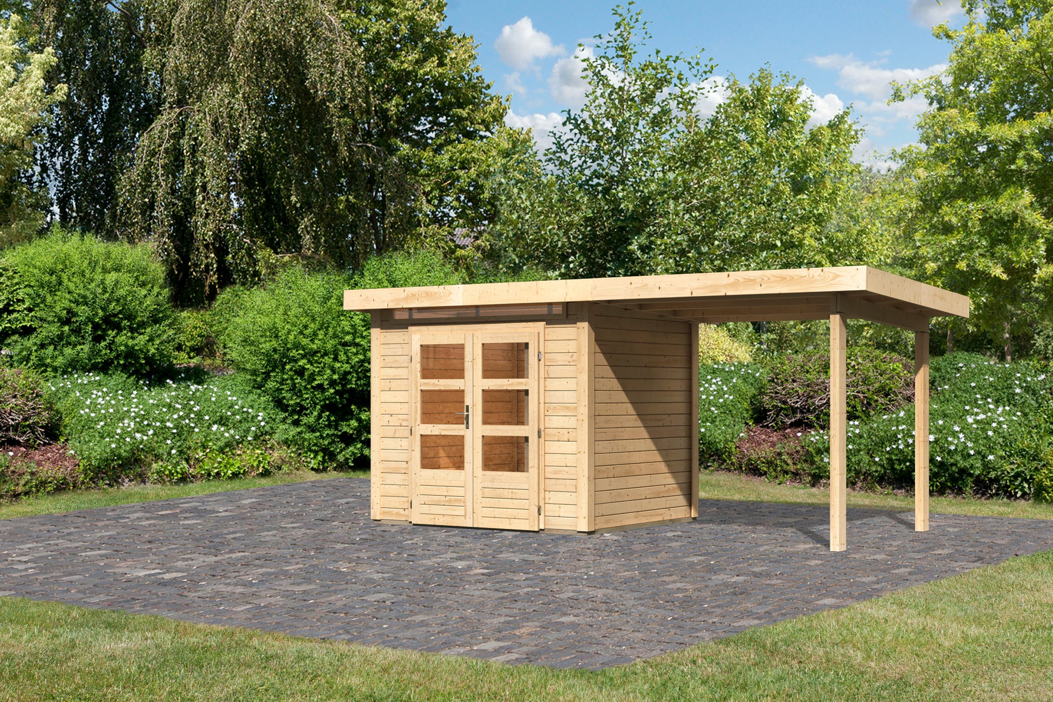 Karibu Gartenhaus »"Ammersee 2" SET mit Anbaudach 2,35 m Breite«, naturbelassen oder terragrau