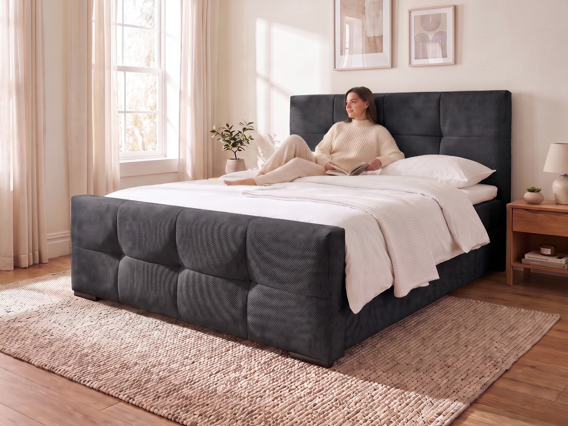 OTTO home Boxbett »RISE, Polsterbett mit Bettkasten, inkl. Taschenfederkernmatratze H3« inkl. Kaltschaumtopper, Strukturstoff-Bezug, Liegefläche 180x200 cm