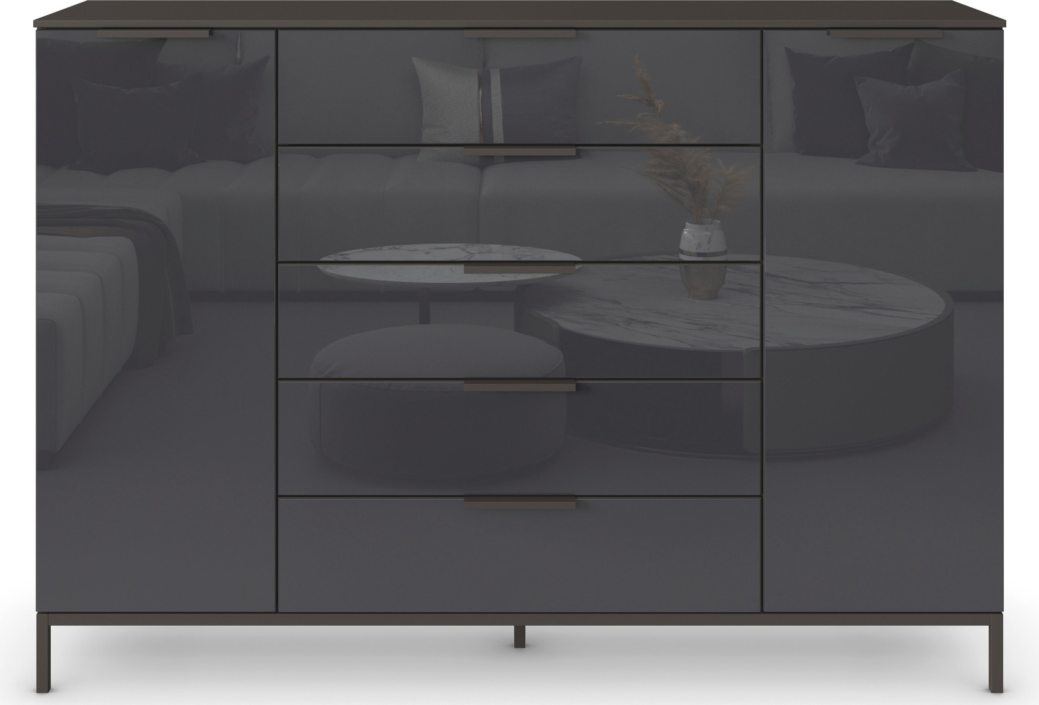 rauch Schubkastenkommode »Kommode Türkommode Sideboard Kombikommode FLIPP mit Glasfront«, (Breite 160/180 cm mit 4 Einlegeböden), 2-trg mit 5 Schubladen und Soft-Close-Funktion, Glasfront, 2 Breiten