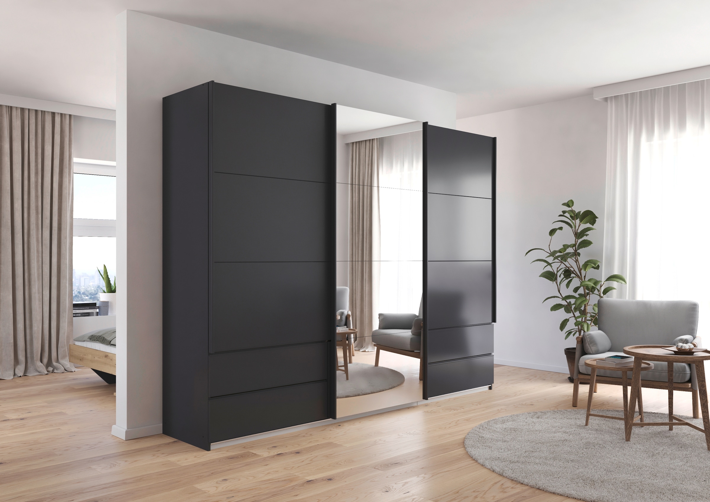 rauch Schwebetürenschrank »Kleiderschrank Schrank Garderobe Wäscheschrank ELARA mit Spiegel«, praktische Schubladen optional farblich abgesetzt MADE IN GERMANY