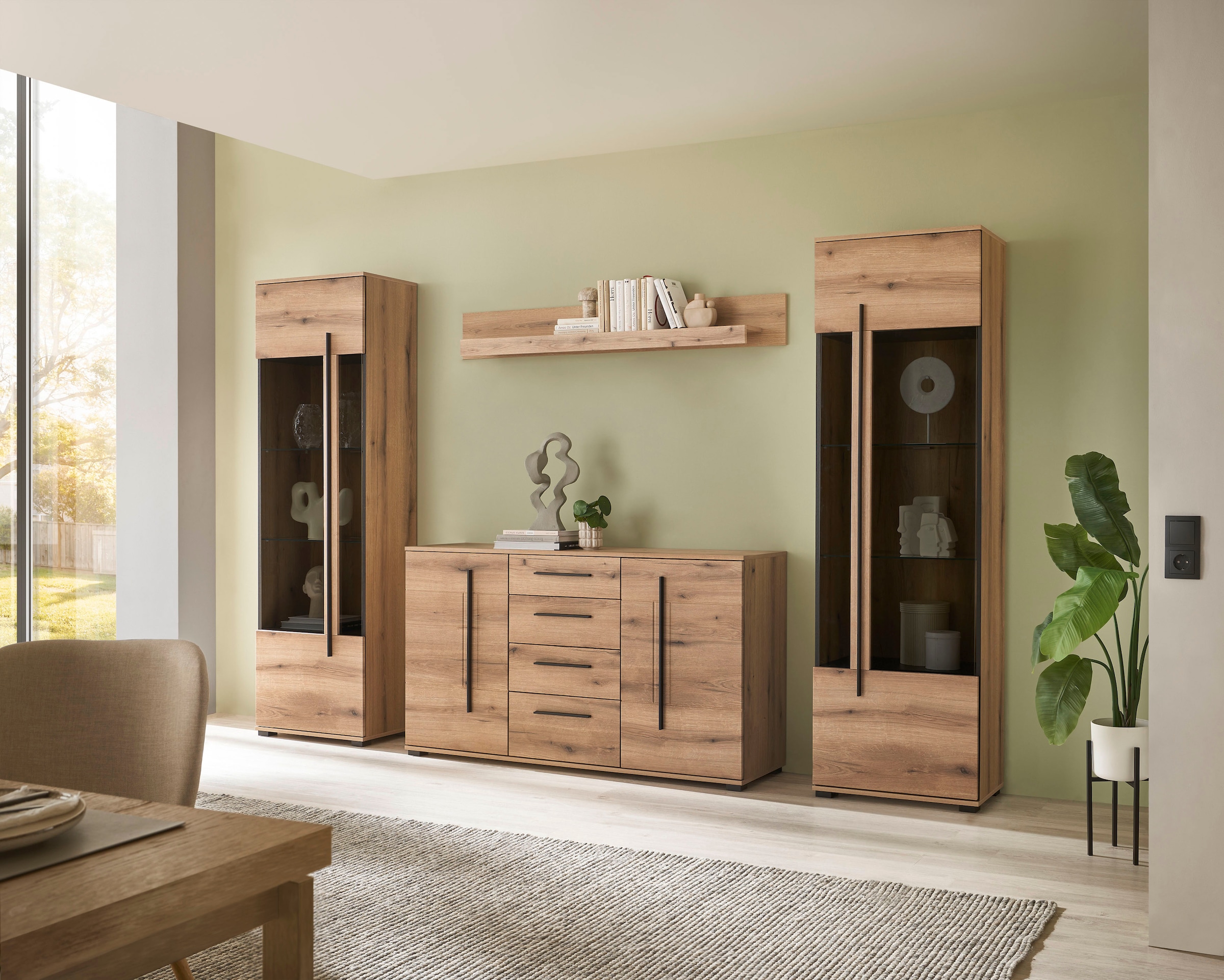 INOSIGN Wohnwand »Cantara, moderne Anbauwand, Wohnzimmer-Set, in Eiche Evoke oder Weiß«, (Set), enthält zwei Vitrinen, ein Sideboard und ein Wandboard