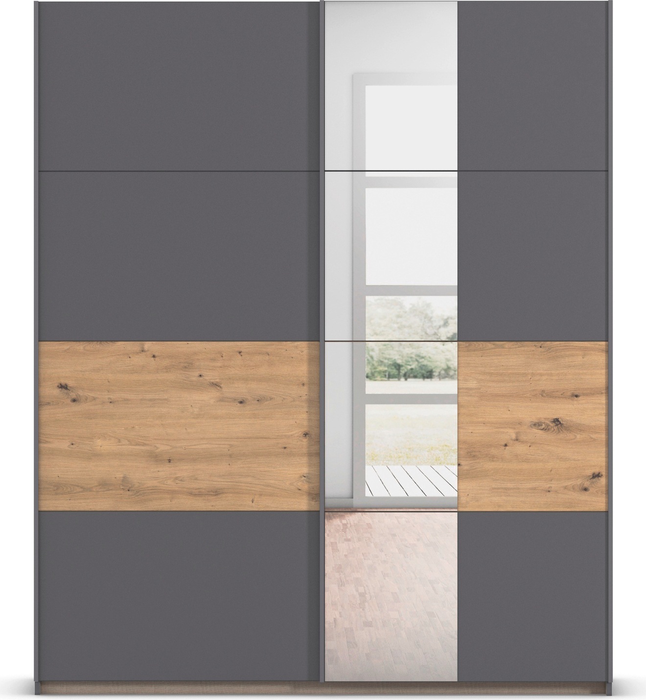 rauch Schwebetürenschrank »Kleiderschrank Schrank Garderobe Schlafzimmerschrank OXFORD«, (in 3 verschiedenen Ausstattungen BASIC/CLASSIC/PREMIUM), mit Griffleisten aus Metall, auch für kleinere Räume MADE IN GERMANY