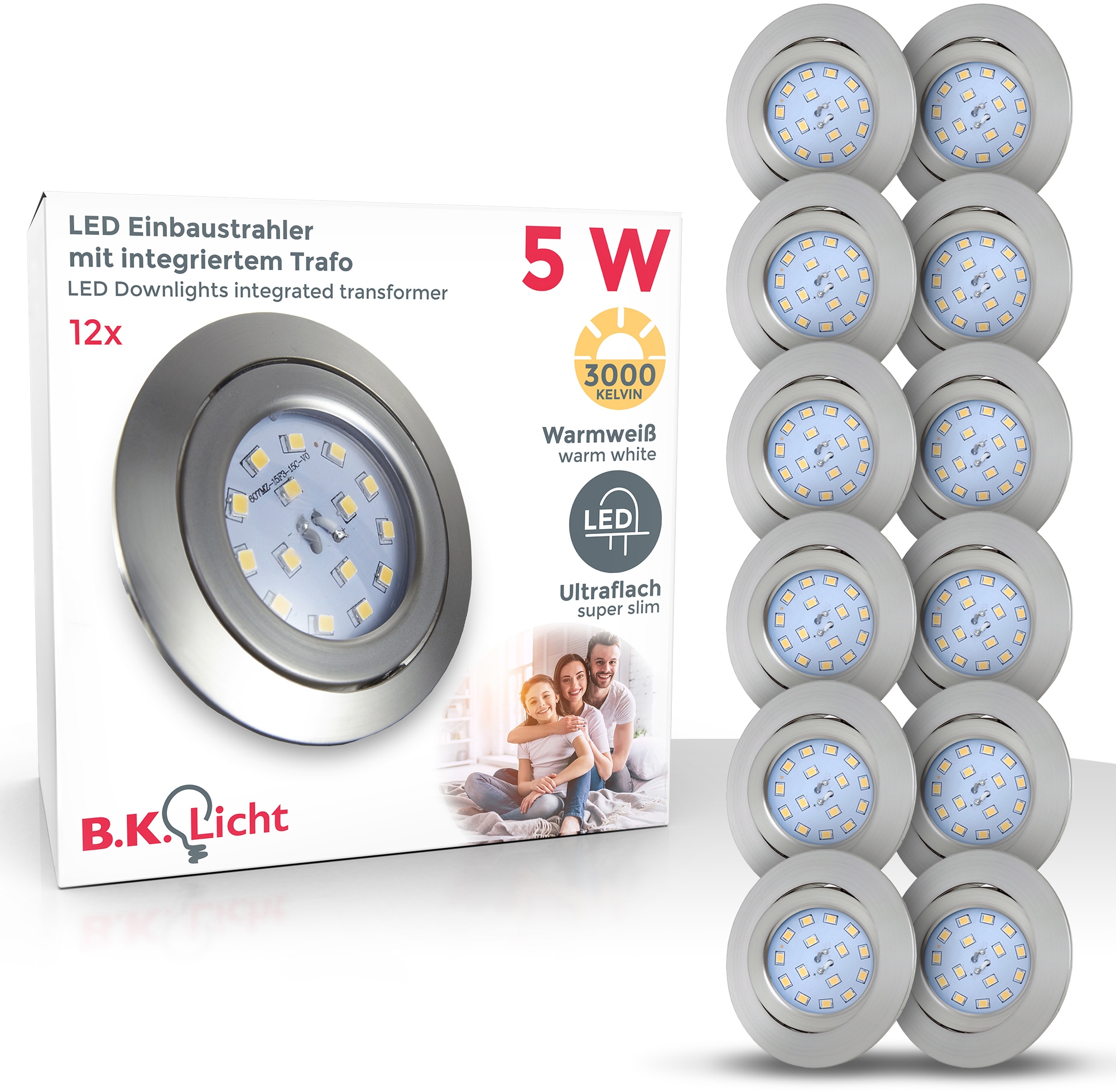 B.K.LICHT LED Einbauleuchte "12er Set Einbaustrahler, Schwenkbare Deckenspots, flache Spots", 12, Ø 8,2cm H: 3cm, 12 Stk., silber, Leuchten, 3.000K,