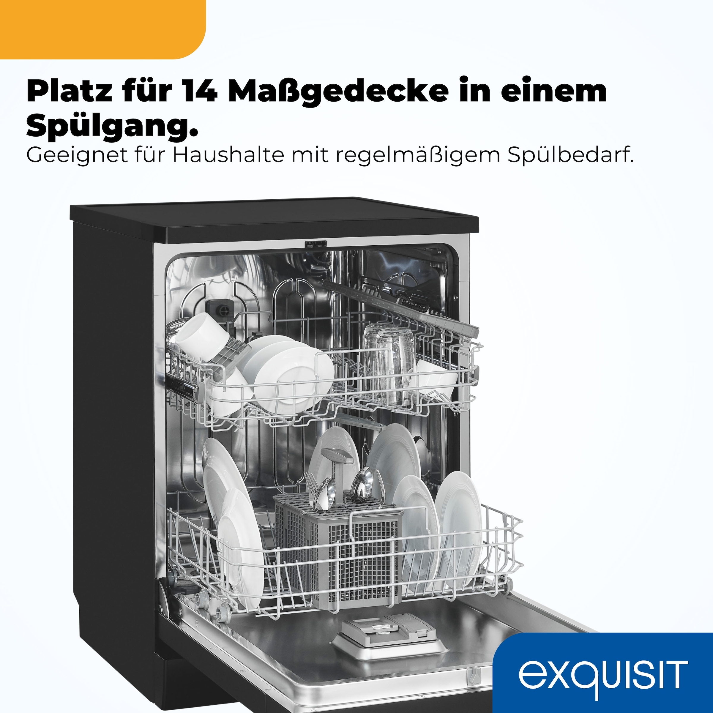 exquisit Standgeschirrspüler 9114 »GSP9114-451D schwarz« 11,9 l 14 tlg. Maßgedecke 14 Maßgedecke & flüsterleise 49 dB – stark und angenehm ruhig