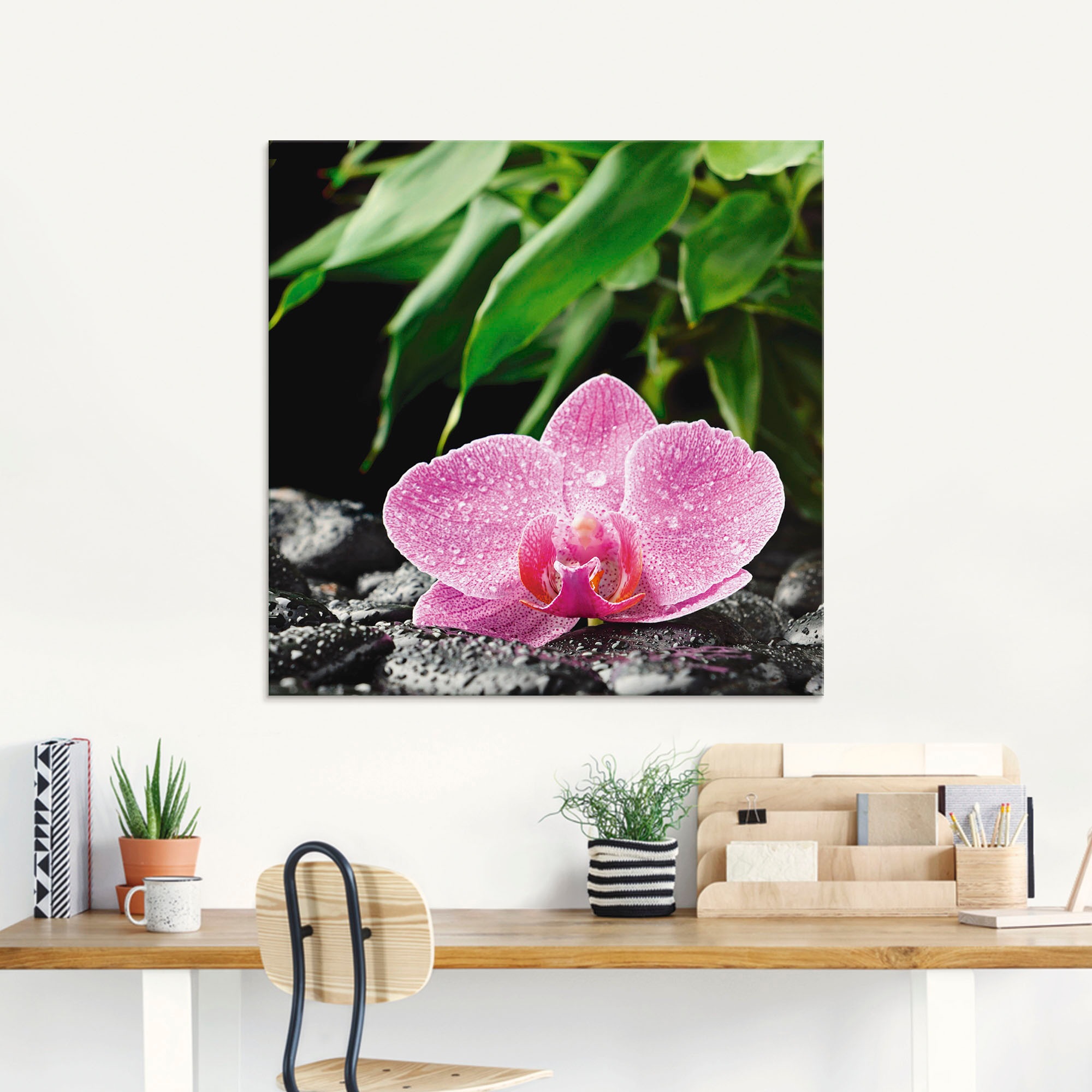 Glasbild ARTLAND "Rosa Orchidee auf schwarzen Zen Steinen", pink (farbe bild(er): pink), B:125cm H:50cm, Bilder, in verschiedenen Größen 2