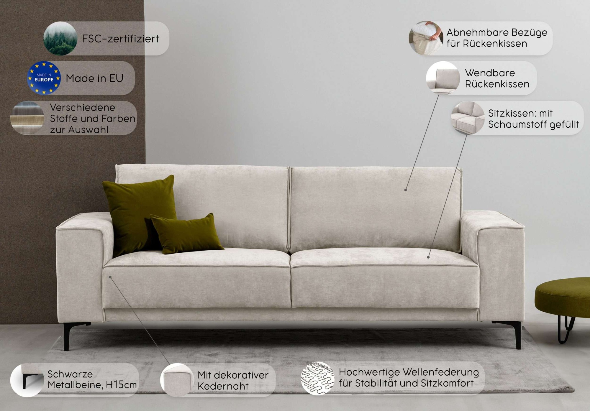 Thumbnail - OTTO home 3-Sitzer "OLAND, B: 224 cm - Skandi-Design" Struktur, Flachgewebe, Luxus-Microfaser, Boucle