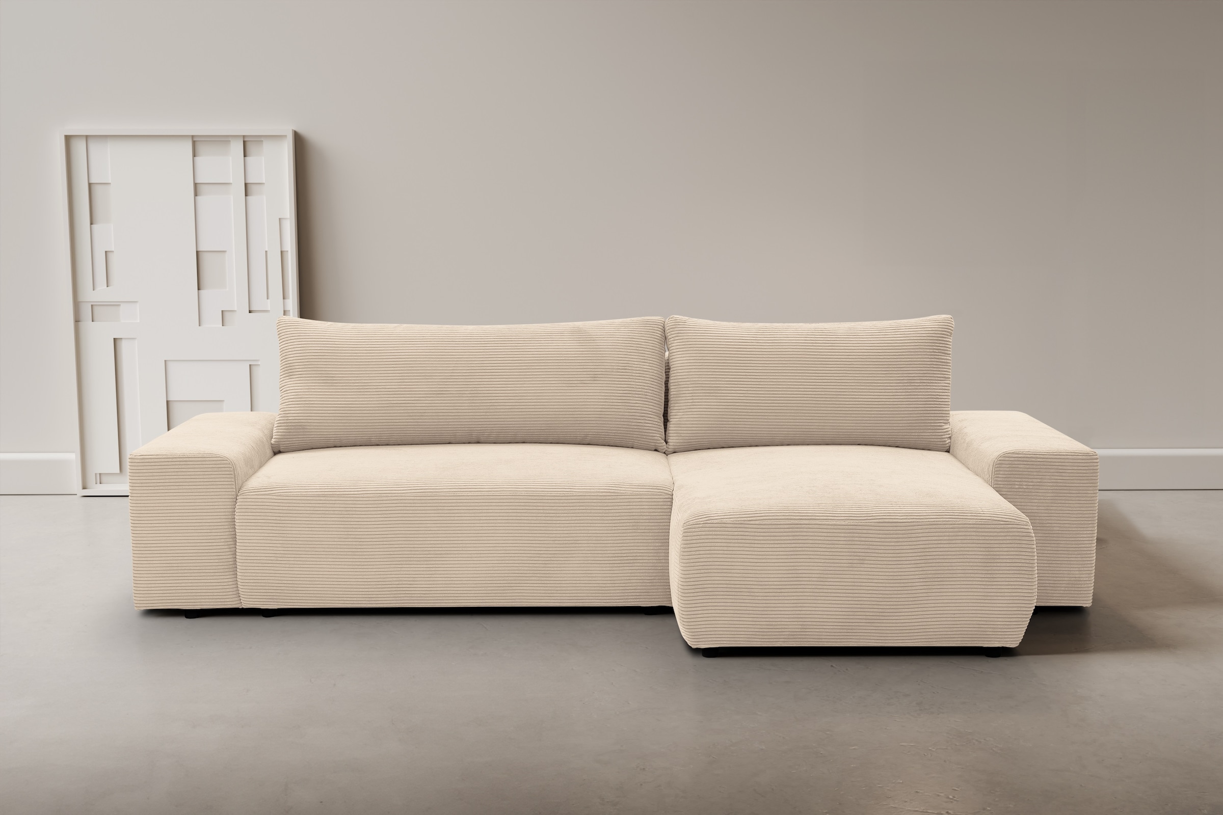WERK2 Ecksofa "Amsterdam 300 x 150 cm modern und bequem" Cord, L-Form, XXL, Schlaffunktion, Bettkasten