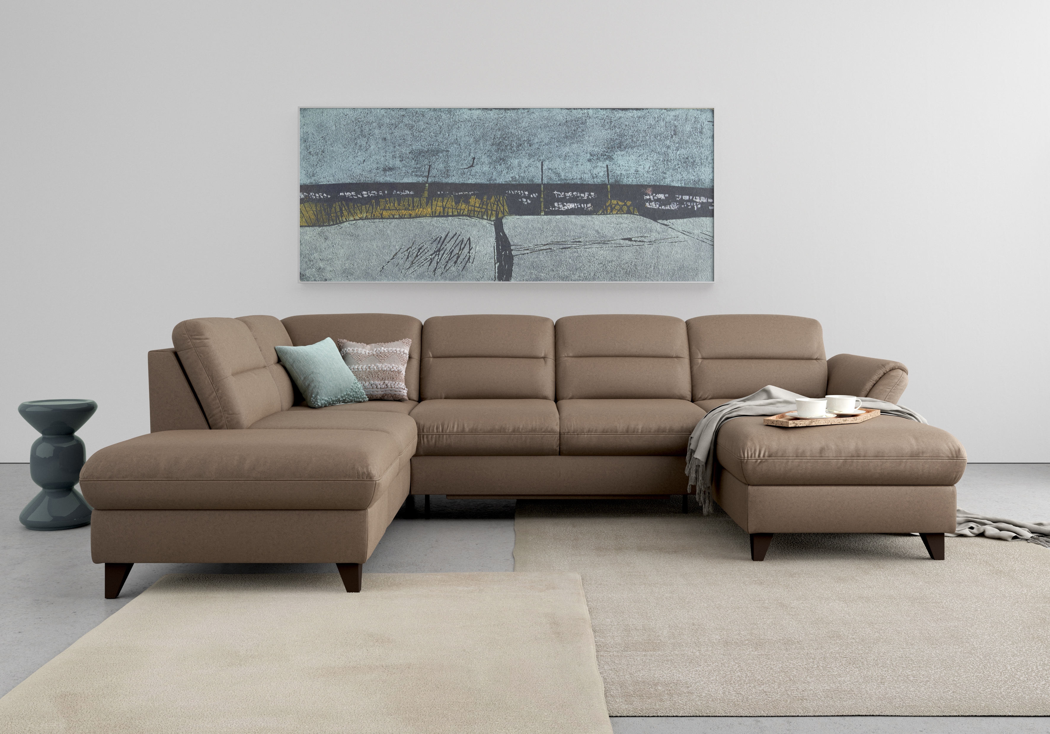 Wohnlandschaft SIT & MORE, B:306cm H:87cm T:212cm, braun, 100% Polyester, Sofas, "Mellum U-Form", Federkern, wahlweise mit Bettfunktion, Stauraum und