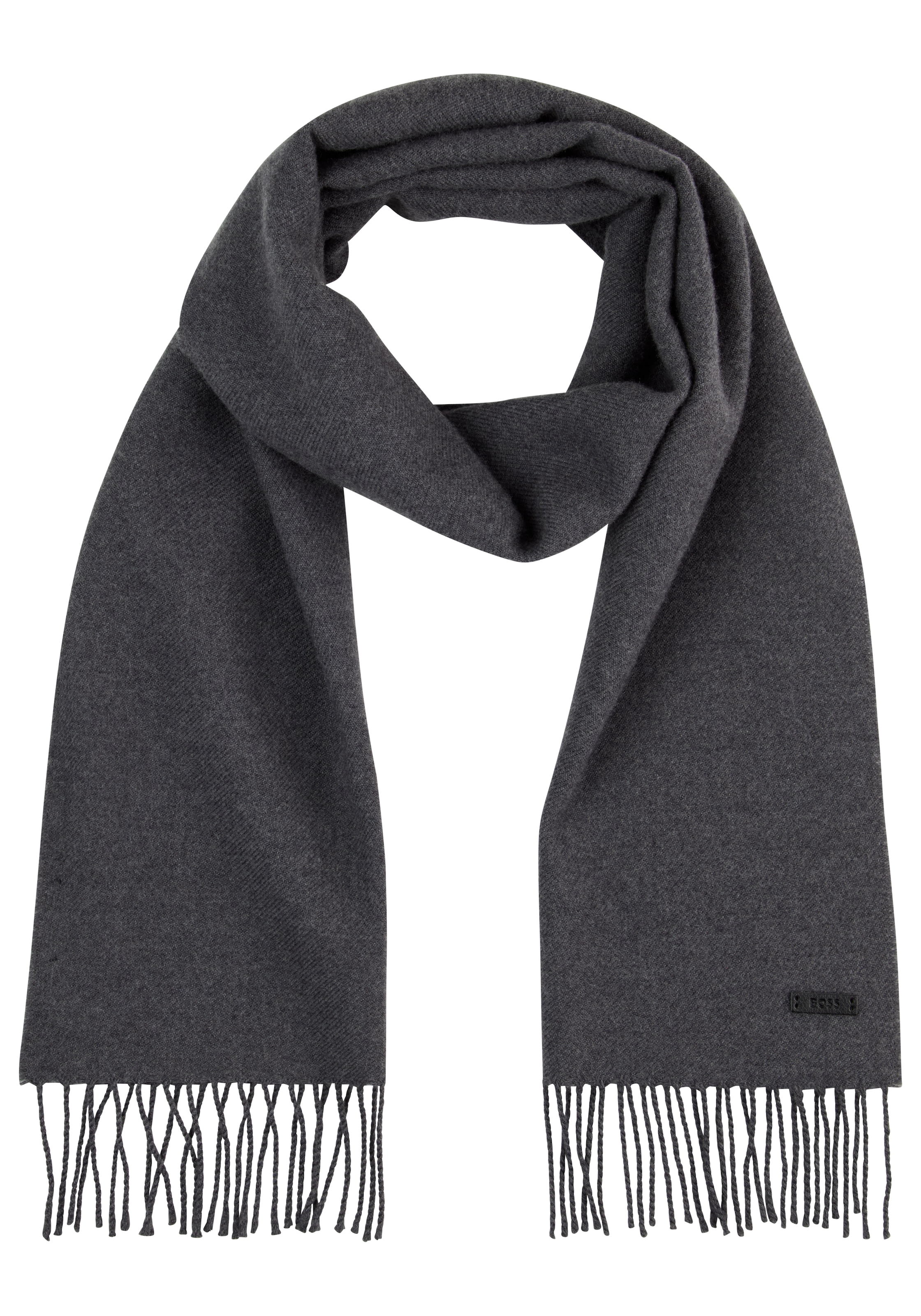 BOSS Wollschal "Naster 35*180", mit gedrehten Fransen 100% Wolle Lederlabel günstig online kaufen