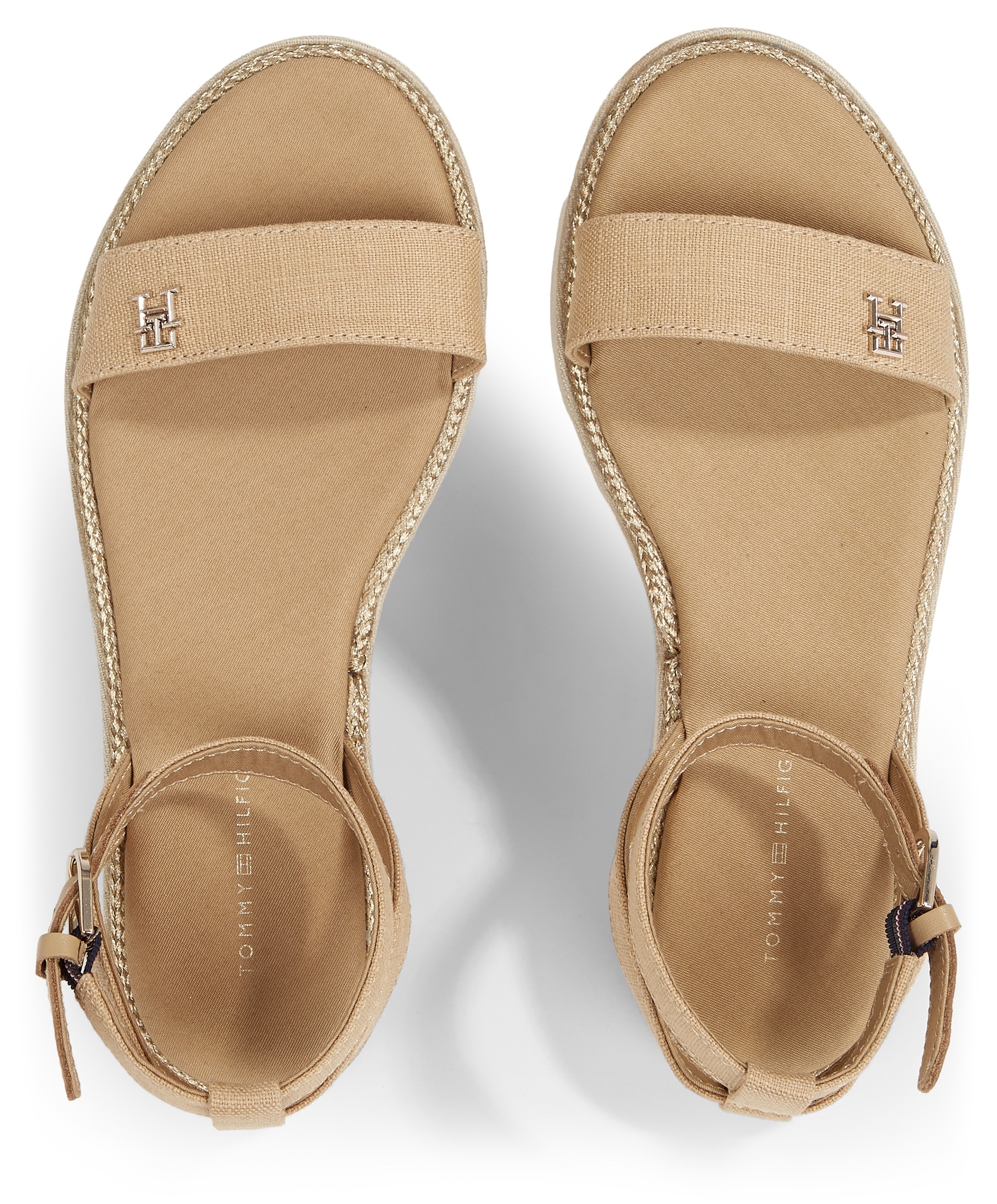 Tommy Hilfiger Riemchensandale »LINEN WITH GOLD FLATFORM«, Sommerschuh, Sandalette, Plateauabsatz, mit TH-Logo