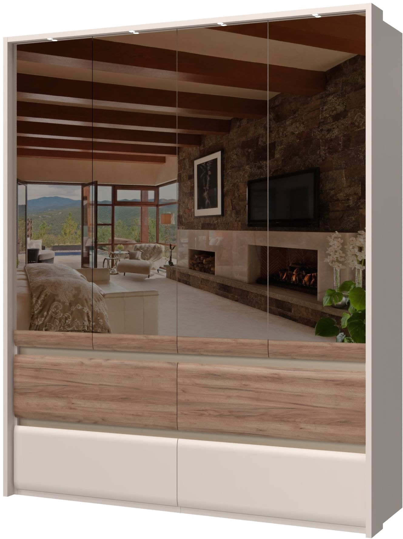 Places of Style Kleiderschrank »Invictus, UV lackiert, FSC-zertifiziert, grifflose Optik«, (abgerundete Schubladen aus MDF im Holzdekor, soft-close), mit Beleuchtung, Türen komplett verspiegelt, hoher Schrank (226cm)
