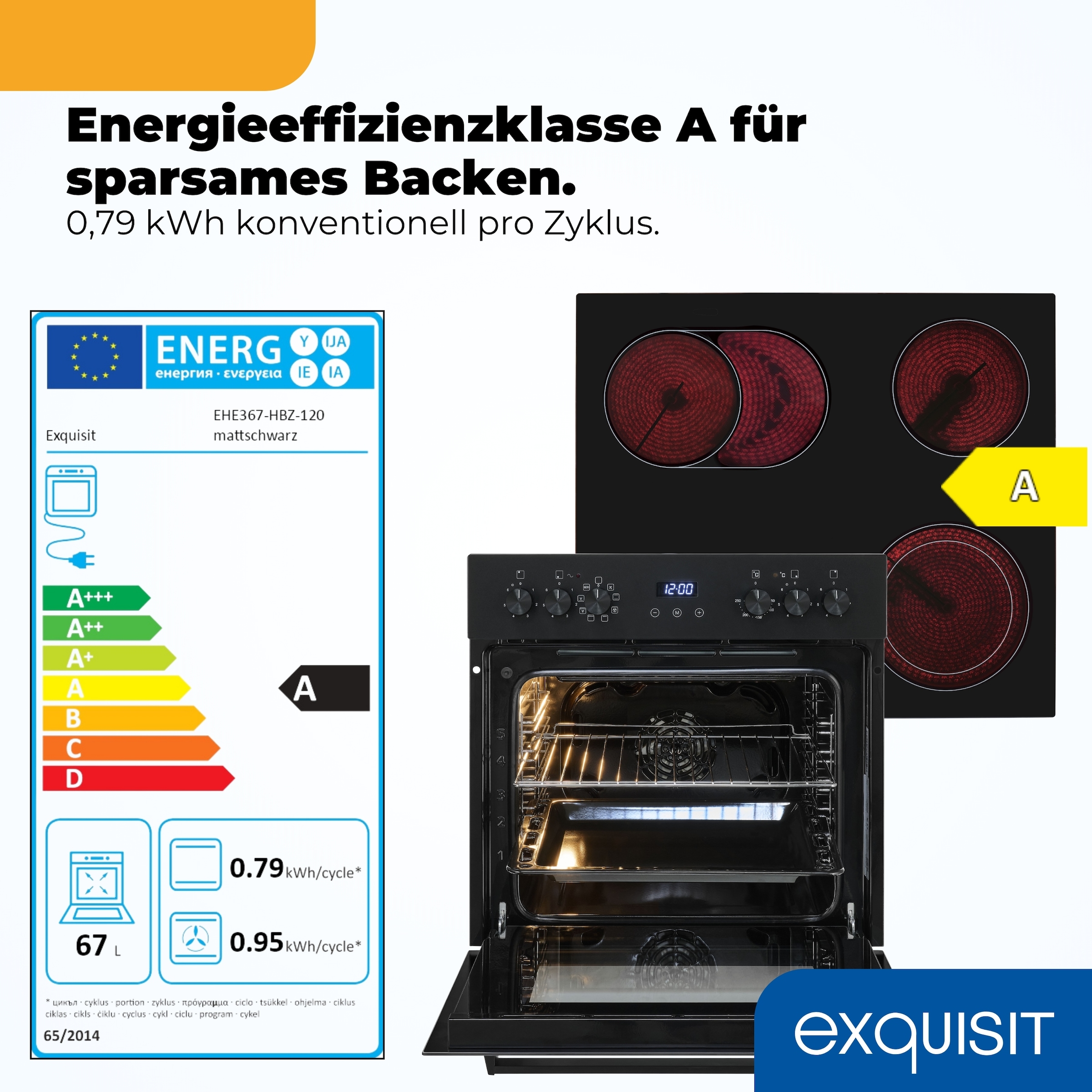 exquisit Backofen-Set »EHE367-HBZ-120 mattschwarz« Backofen | Glaskeramikkochfeld, 2 Stk. tlg. Vielseitiger Grill und 4-Zonen-Glaskeramikkochfeld – einfach & sicher!