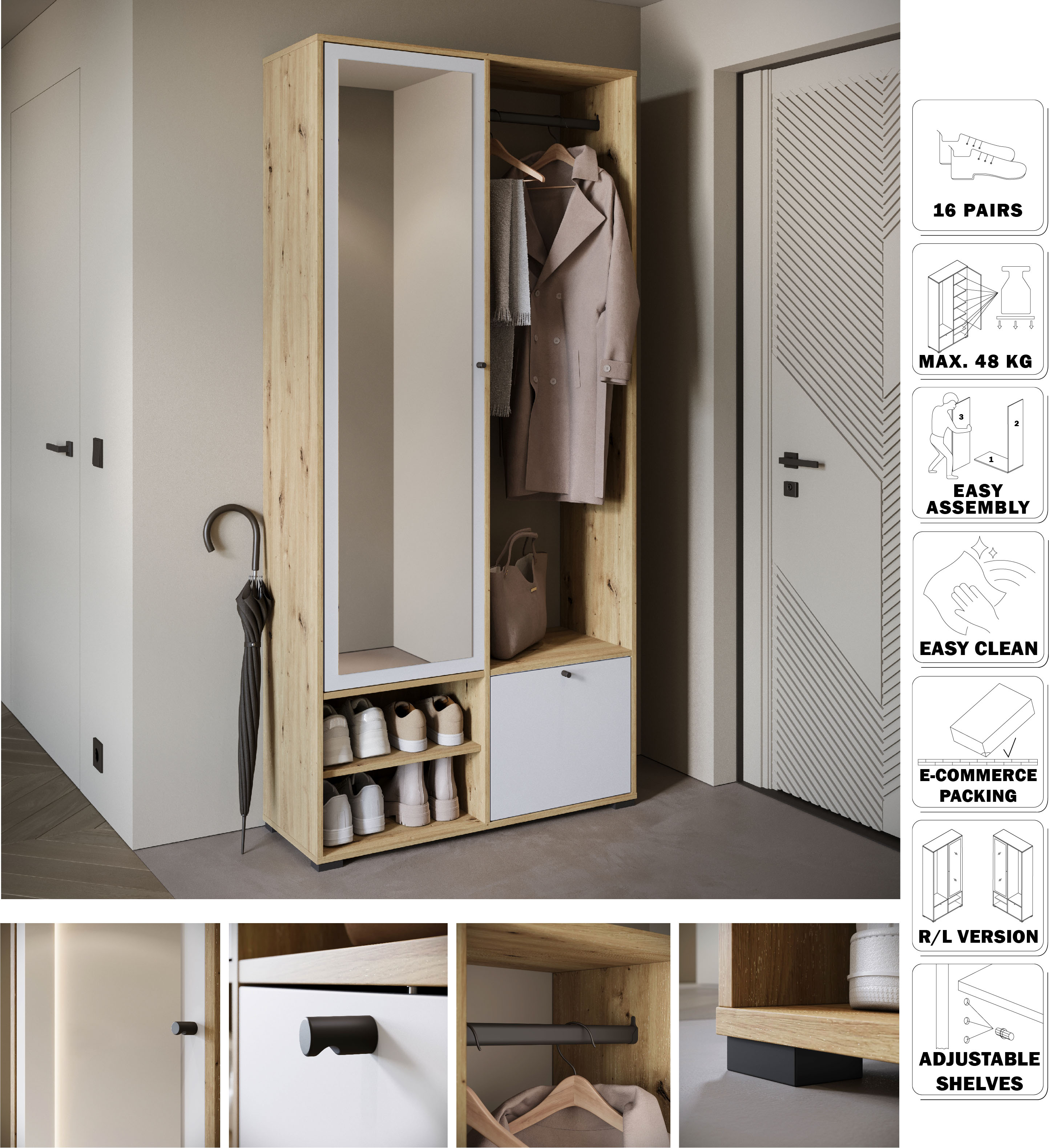 Thumbnail - INOSIGN Garderobenschrank "DINO Kompaktgarderobe, Garderoben-Set DINO", Mit Spiegel und Kleiderstange, 90 cm breit, Türa...