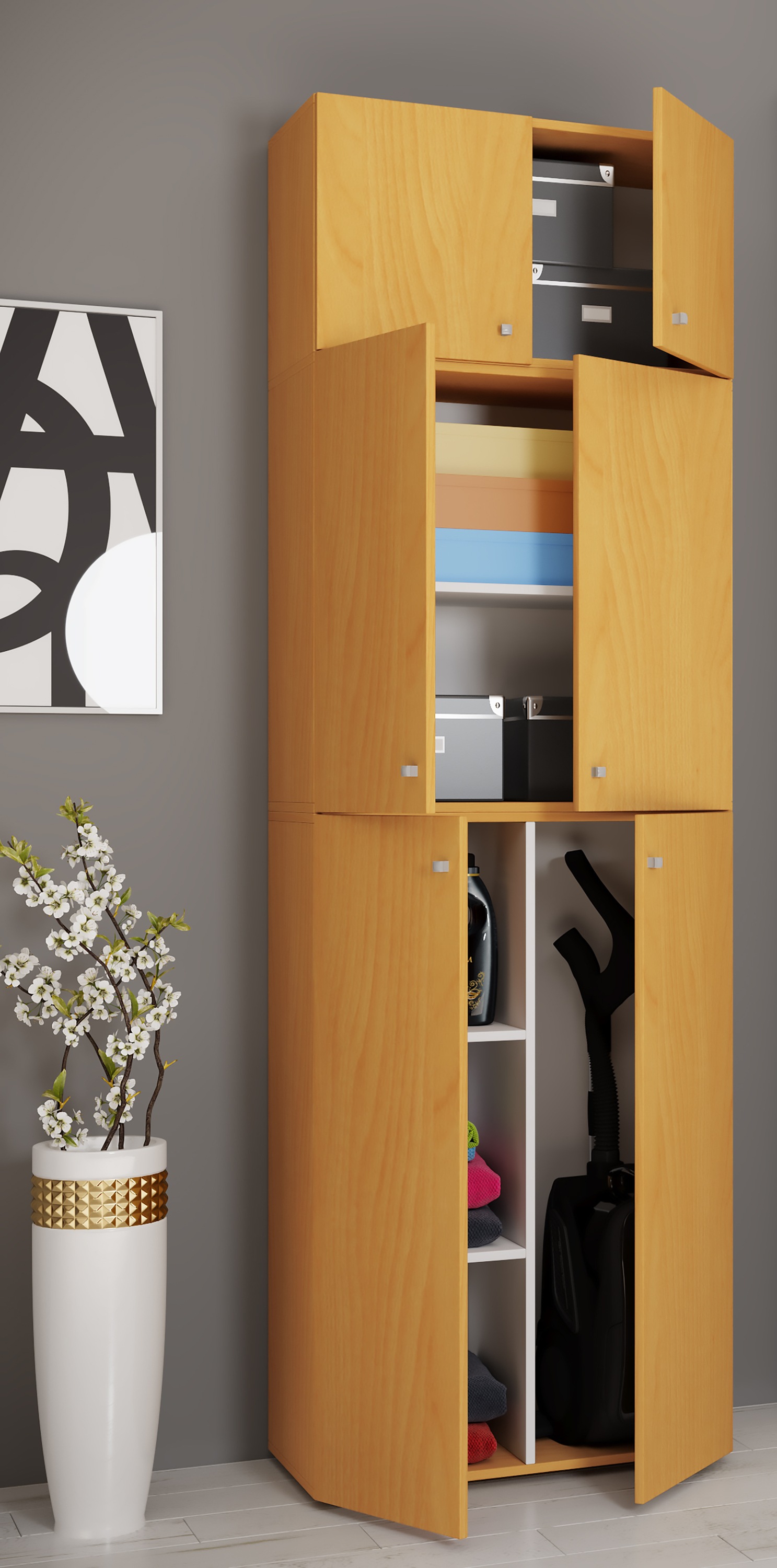VCM Mehrzweckschrank »VCM Holz Besenschrank | 6 Fächer | Maße: H. 223 x B. 70 x T. 39 cm | Haushaltsschrank | Mehrzweckschrank | Aufsatz mit zwei Türen - Lona«, (1 St.)